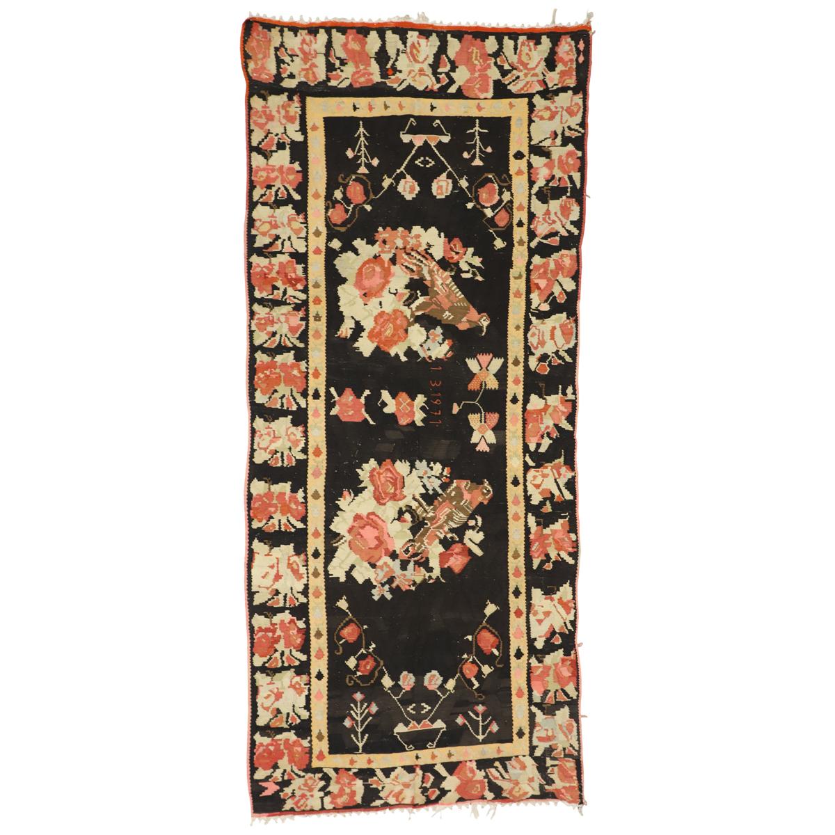 Vintage Floral Turkish Kilim Rug with Chintz Style and Bessarabian Rose Design 