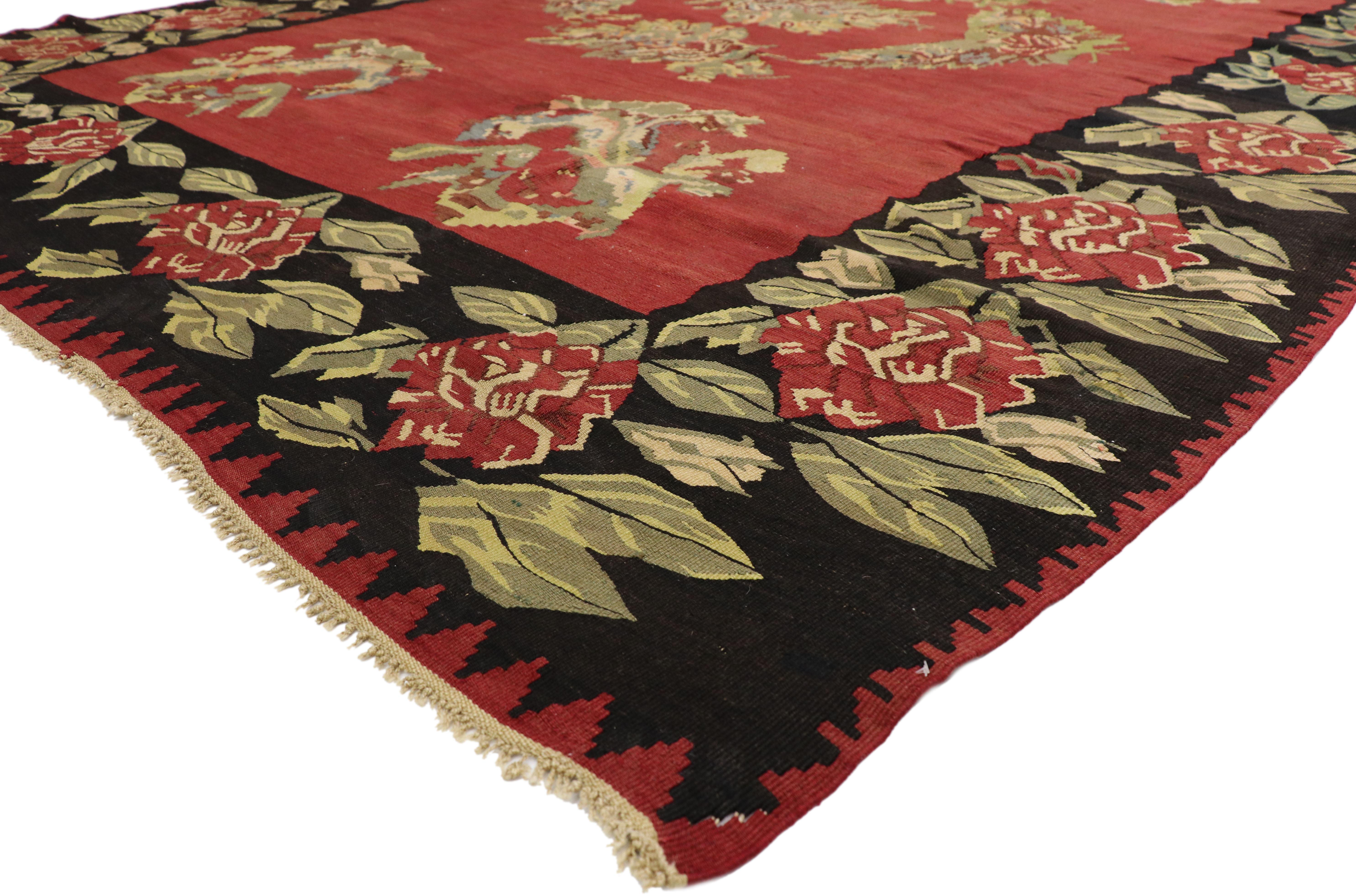 Vintage Floral Turkish Kilim Rug with Chintz Style and Bessarabian Rose Design For Sale 1
