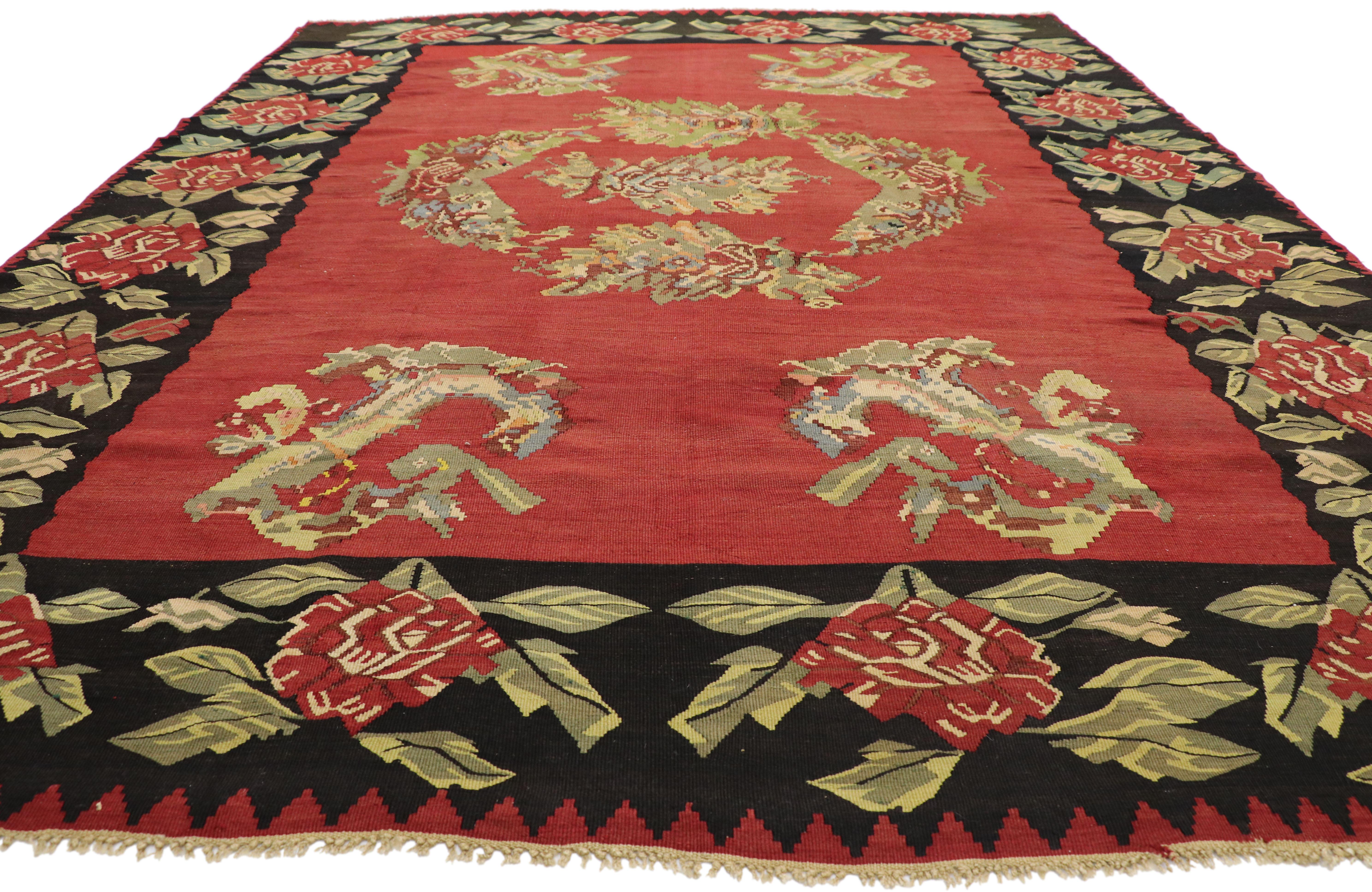 Vintage Floral Turkish Kilim Rug with Chintz Style and Bessarabian Rose Design For Sale 2