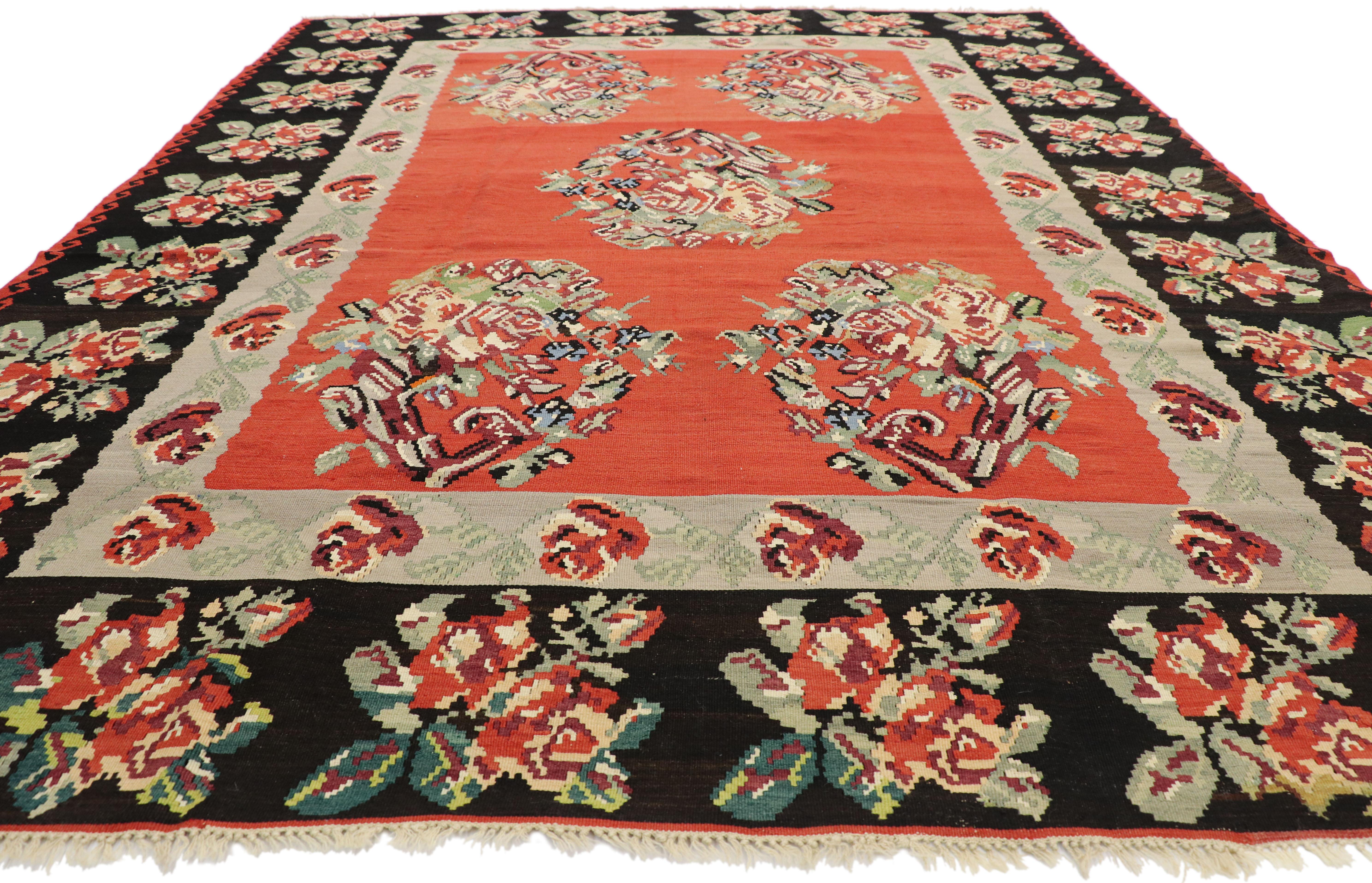 Hand-Woven Vintage Floral Turkish Kilim Rug, Flat-Weave Rose Kilim Rug