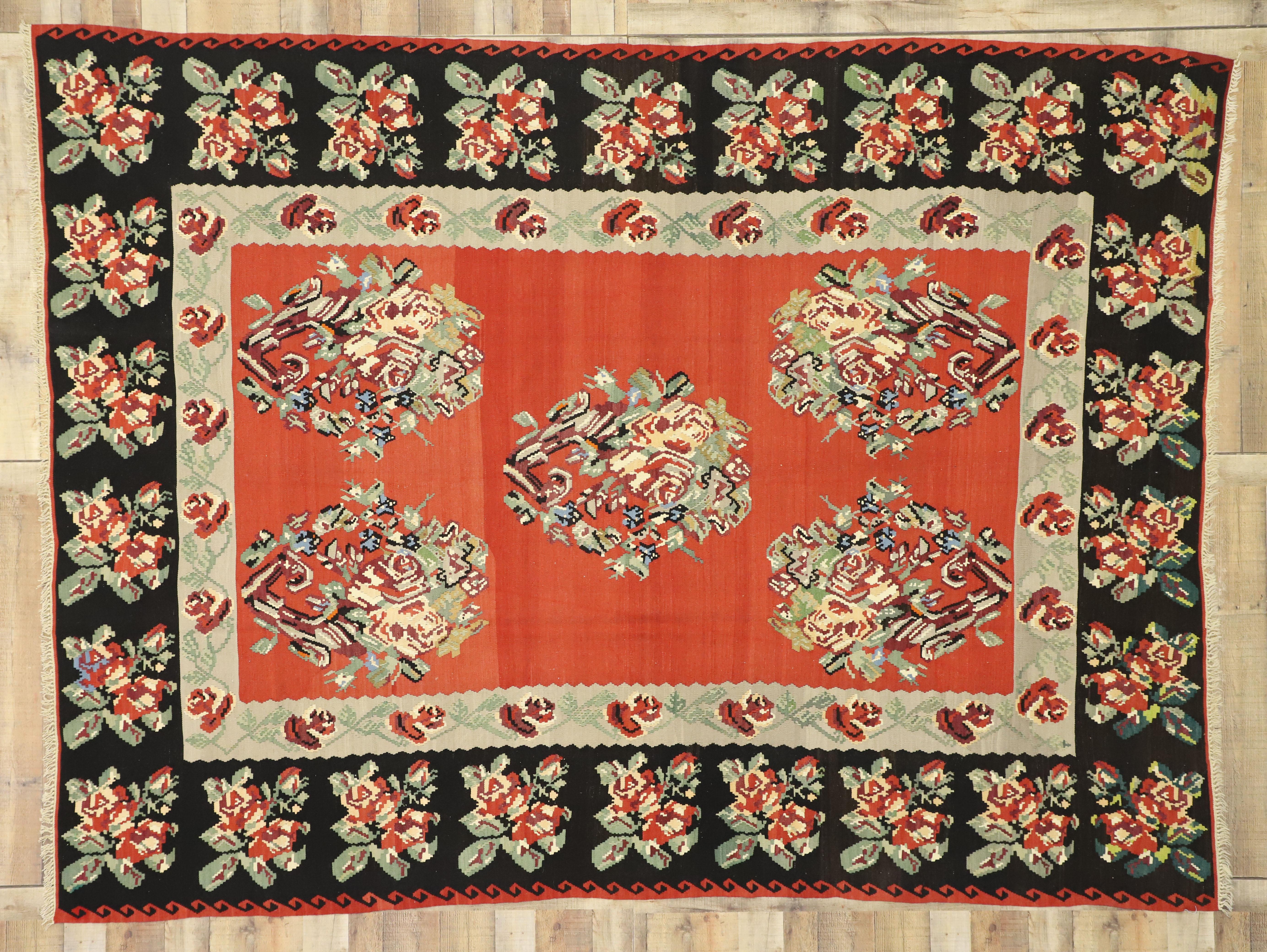 Vintage Floral Turkish Kilim Rug, Flat-Weave Rose Kilim Rug 2