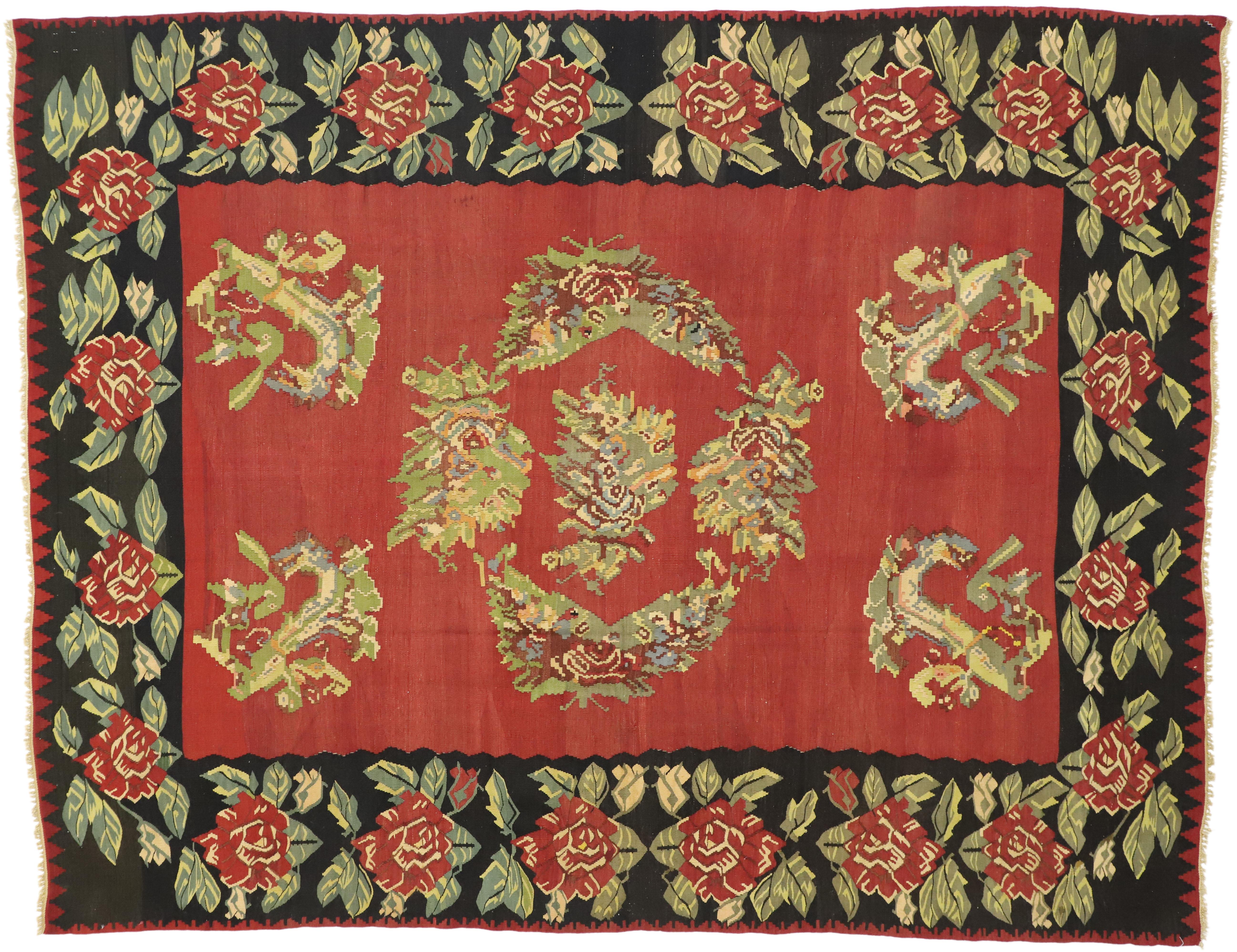 Vintage Floral Turkish Kilim Rug with Chintz Style and Bessarabian Rose Design For Sale 4