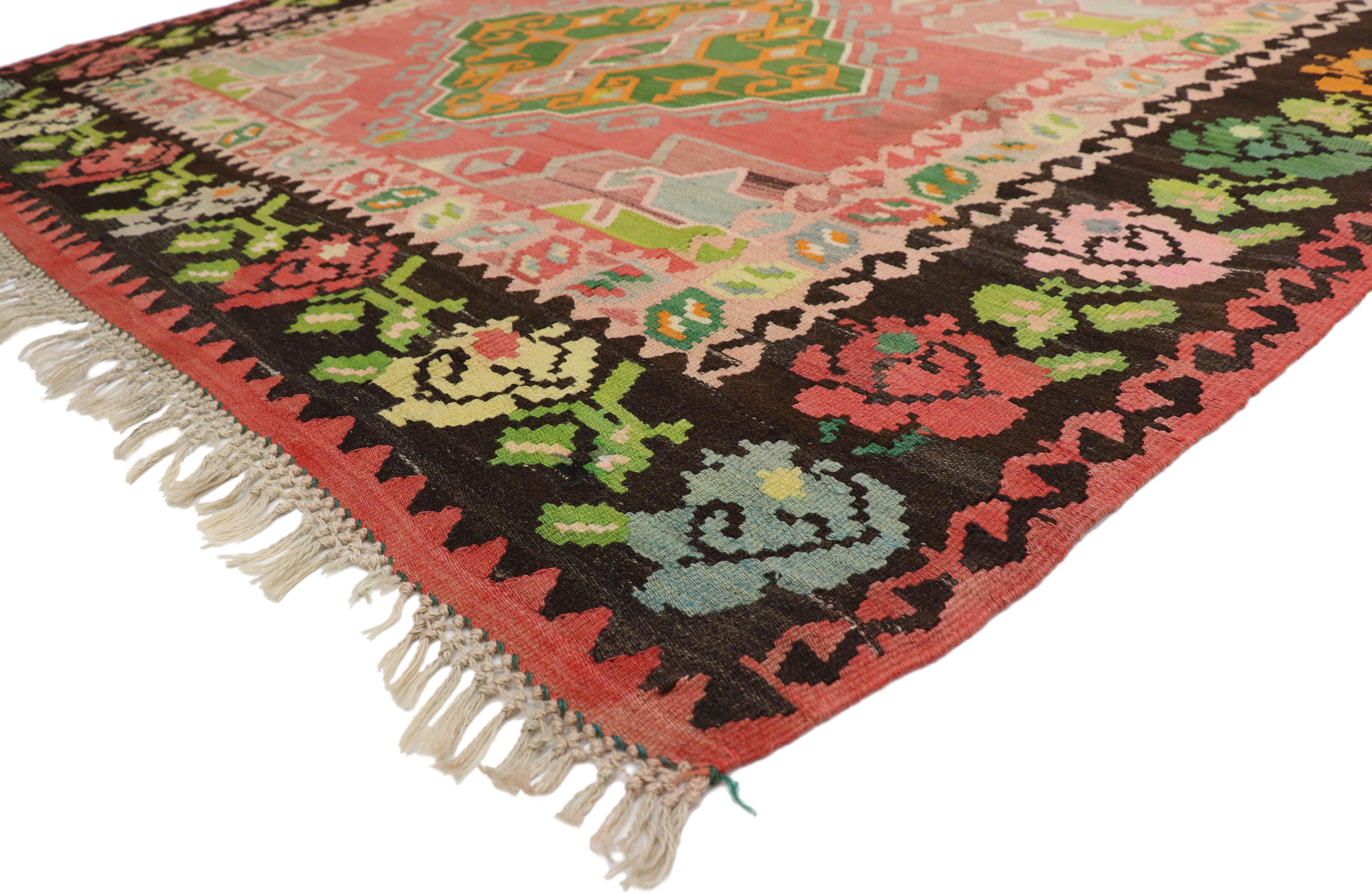 70313, vintage floral Turkish Kilim rug, flat-weave rose Kilim rug. Vibrantly colored and charmingly ornamented, this handwoven wool vintage floral Turkish Kilim rug possesses rich cultural attributes representing the beauty of Folk Art tribal
