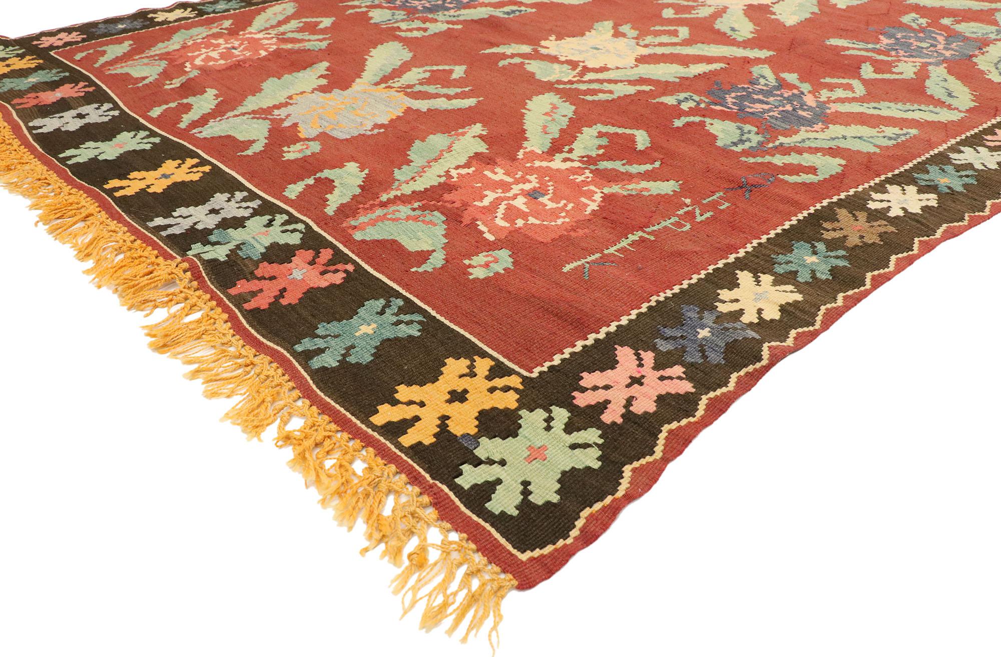 72090 Vintage Floral Turkish Kilim Rug, 06’09 x 09’06. Turkish Kilim rugs with Bessarabian Rose designs are a distinct style of Kilim rugs crafted in Turkey, featuring floral motifs inspired by the historical Bessarabian rose designs originating