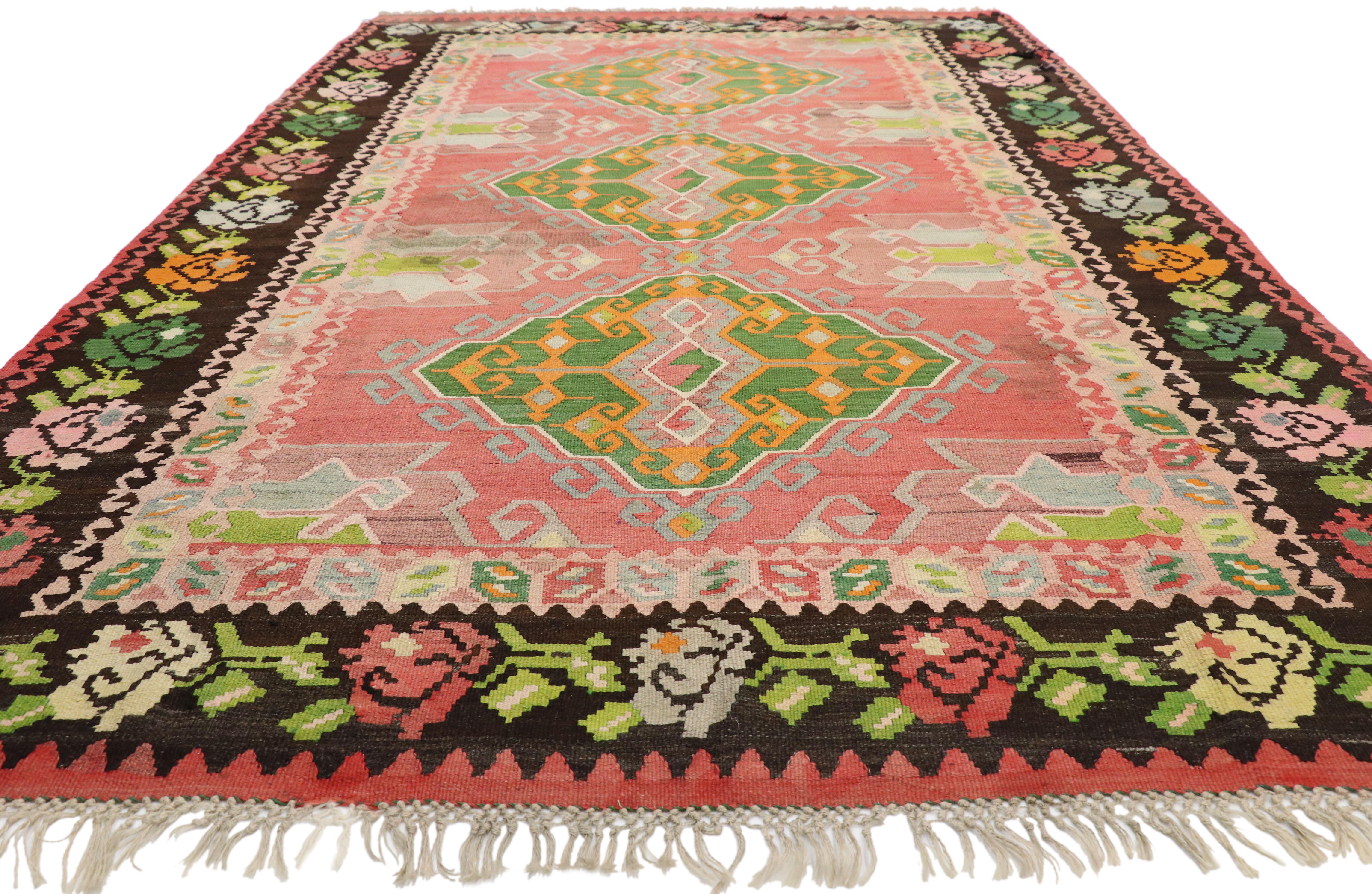 Romantic Vintage Floral Turkish Kilim Rug, Flat-Weave Rose Kilim Rug