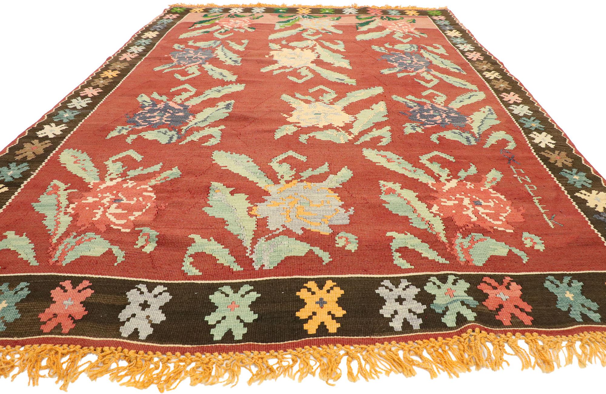 Hand-Woven Vintage Turkish Bessarabian Rose Carpet For Sale