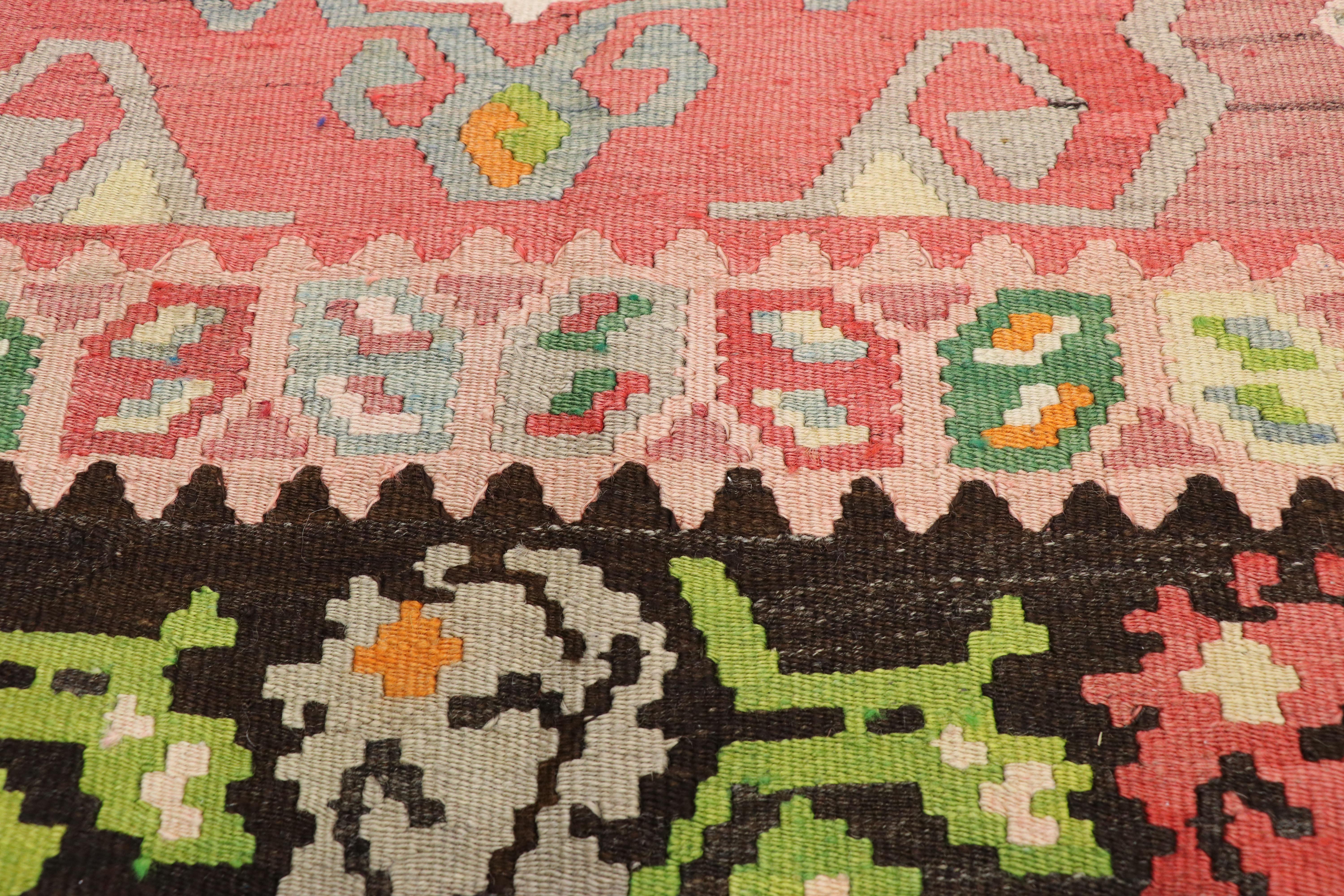 Hand-Woven Vintage Floral Turkish Kilim Rug, Flat-Weave Rose Kilim Rug