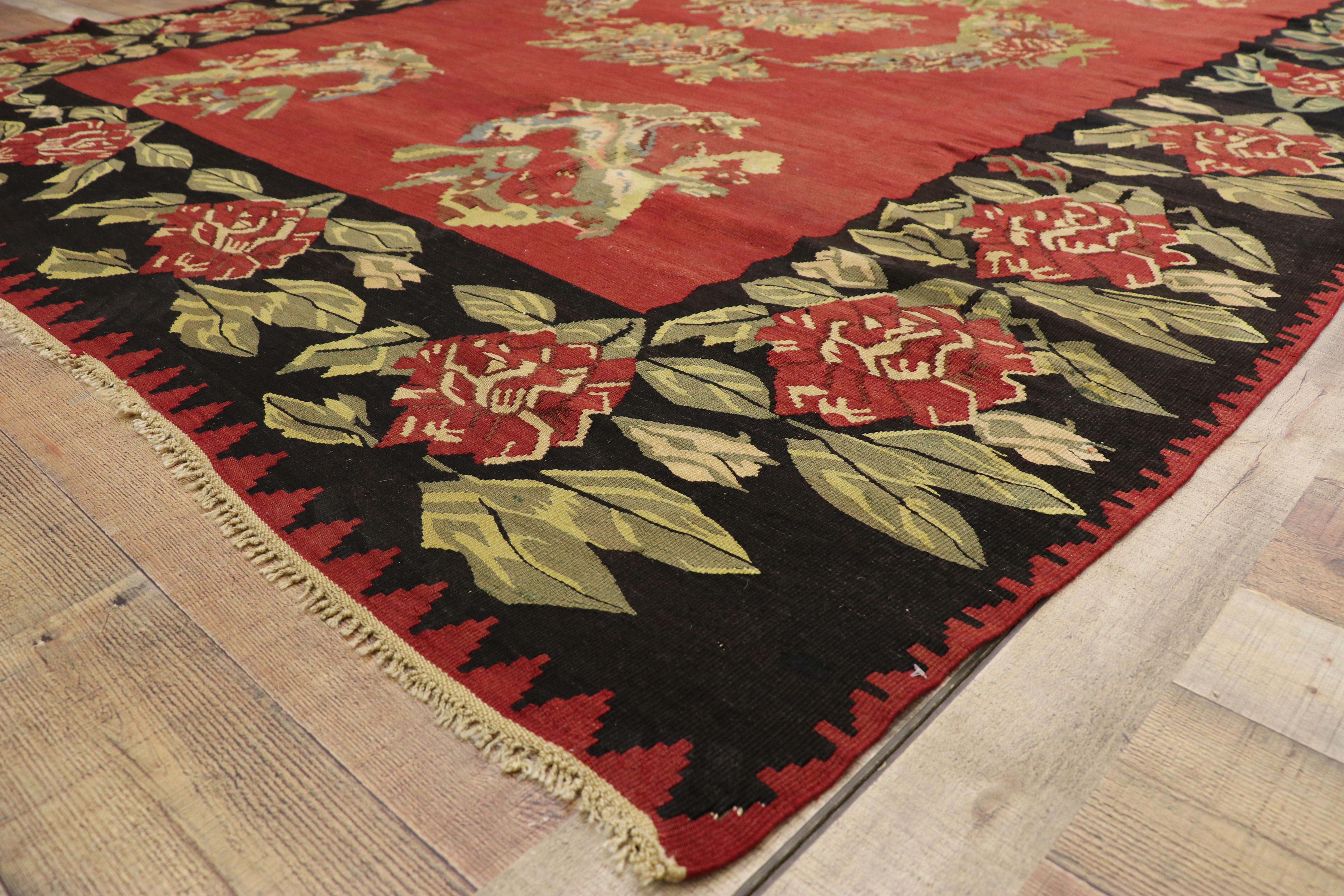Hand-Woven Vintage Floral Turkish Kilim Rug with Chintz Style and Bessarabian Rose Design For Sale
