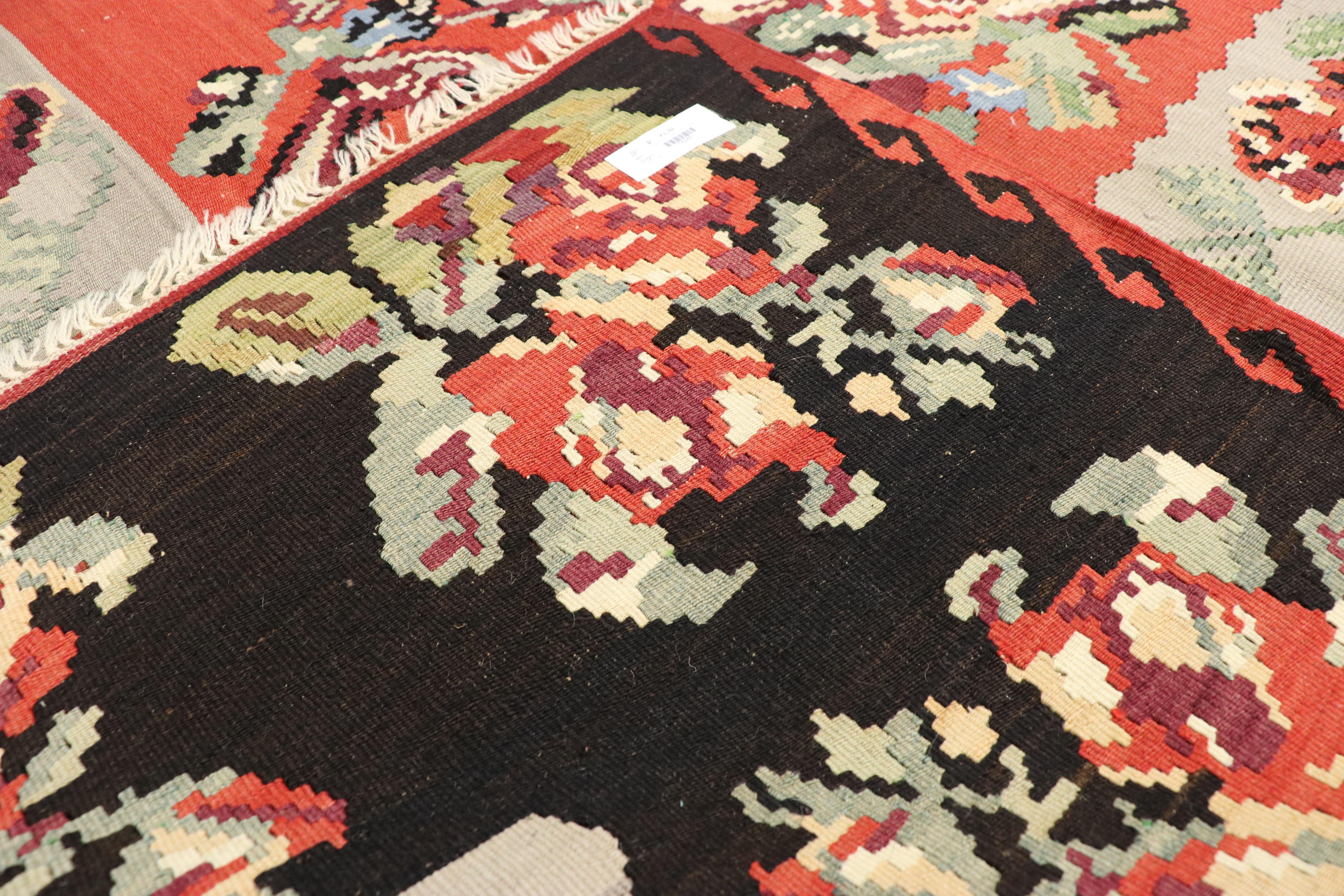 20th Century Vintage Floral Turkish Kilim Rug, Flat-Weave Rose Kilim Rug