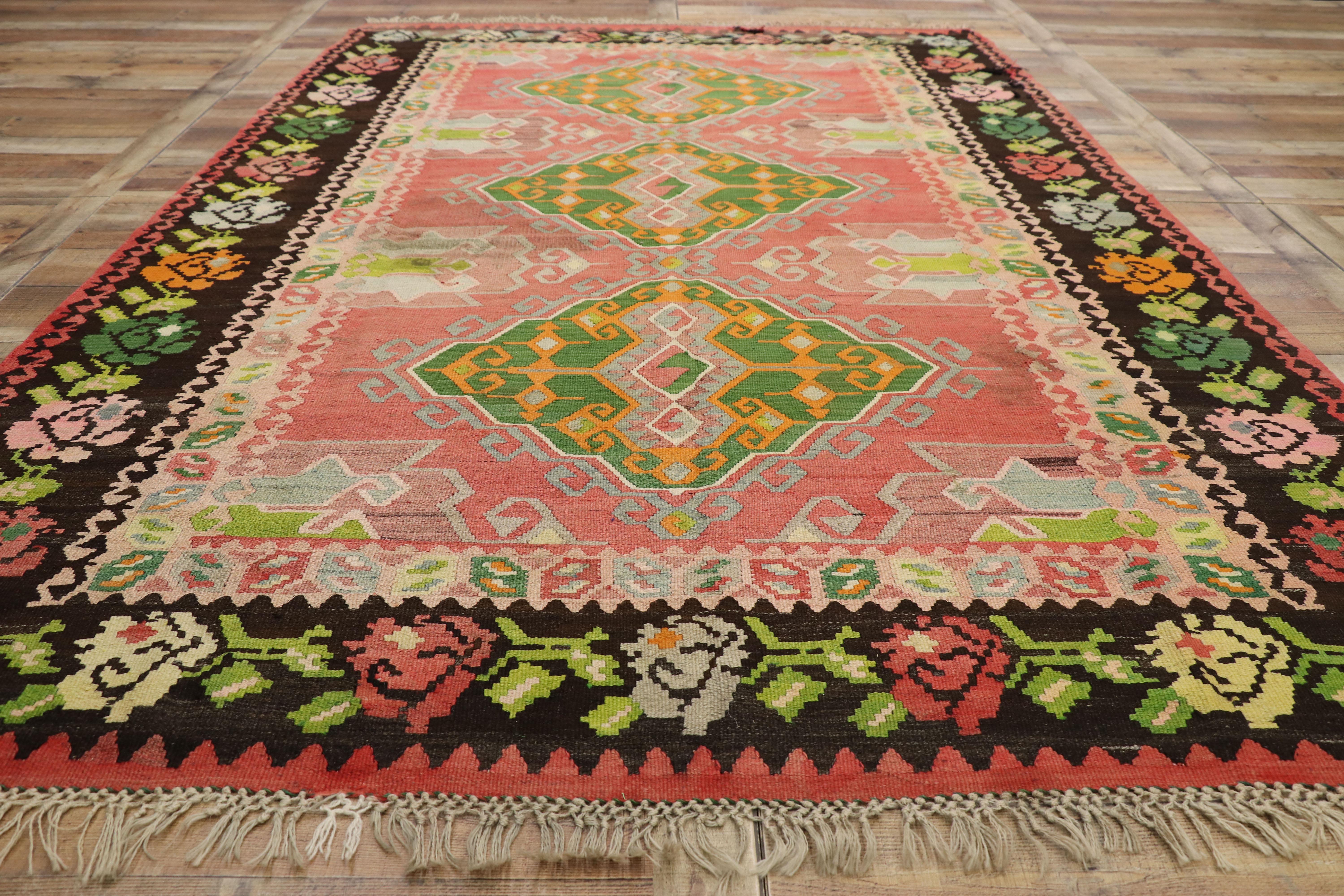 Wool Vintage Floral Turkish Kilim Rug, Flat-Weave Rose Kilim Rug