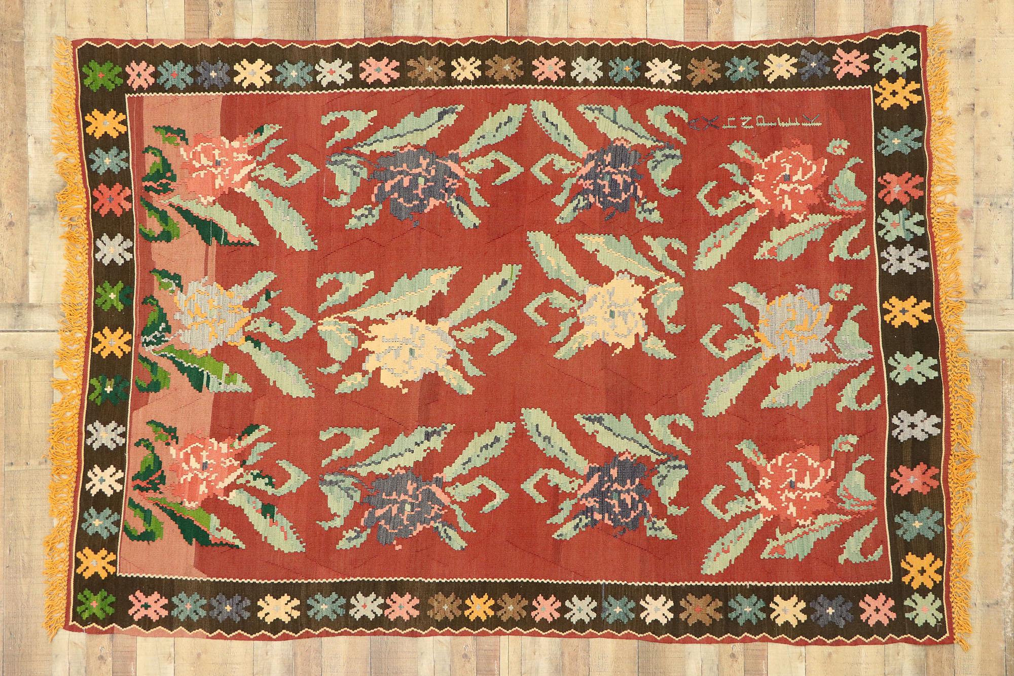 Vintage Turkish Bessarabian Rose Carpet For Sale 1