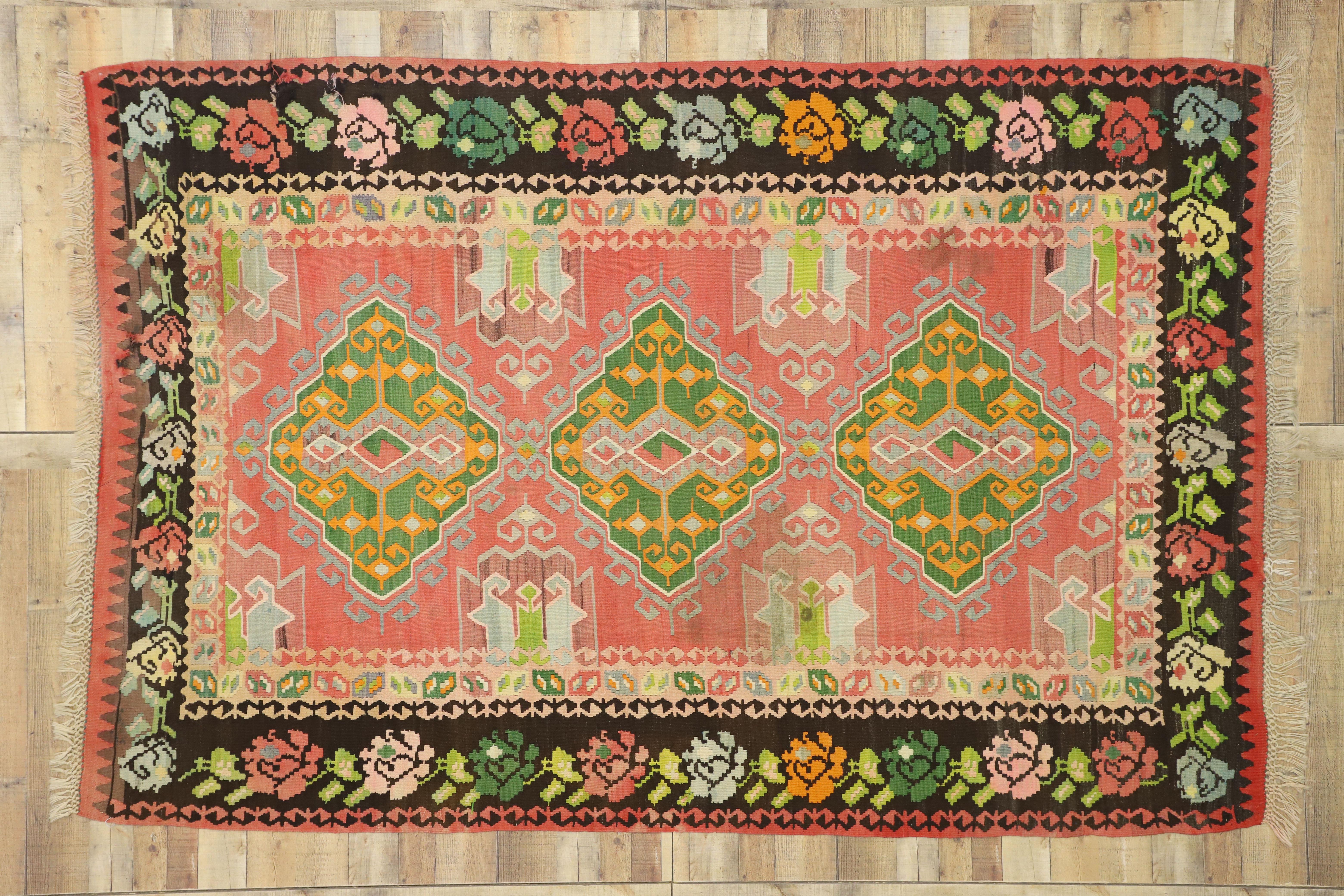 Vintage Floral Turkish Kilim Rug, Flat-Weave Rose Kilim Rug 1