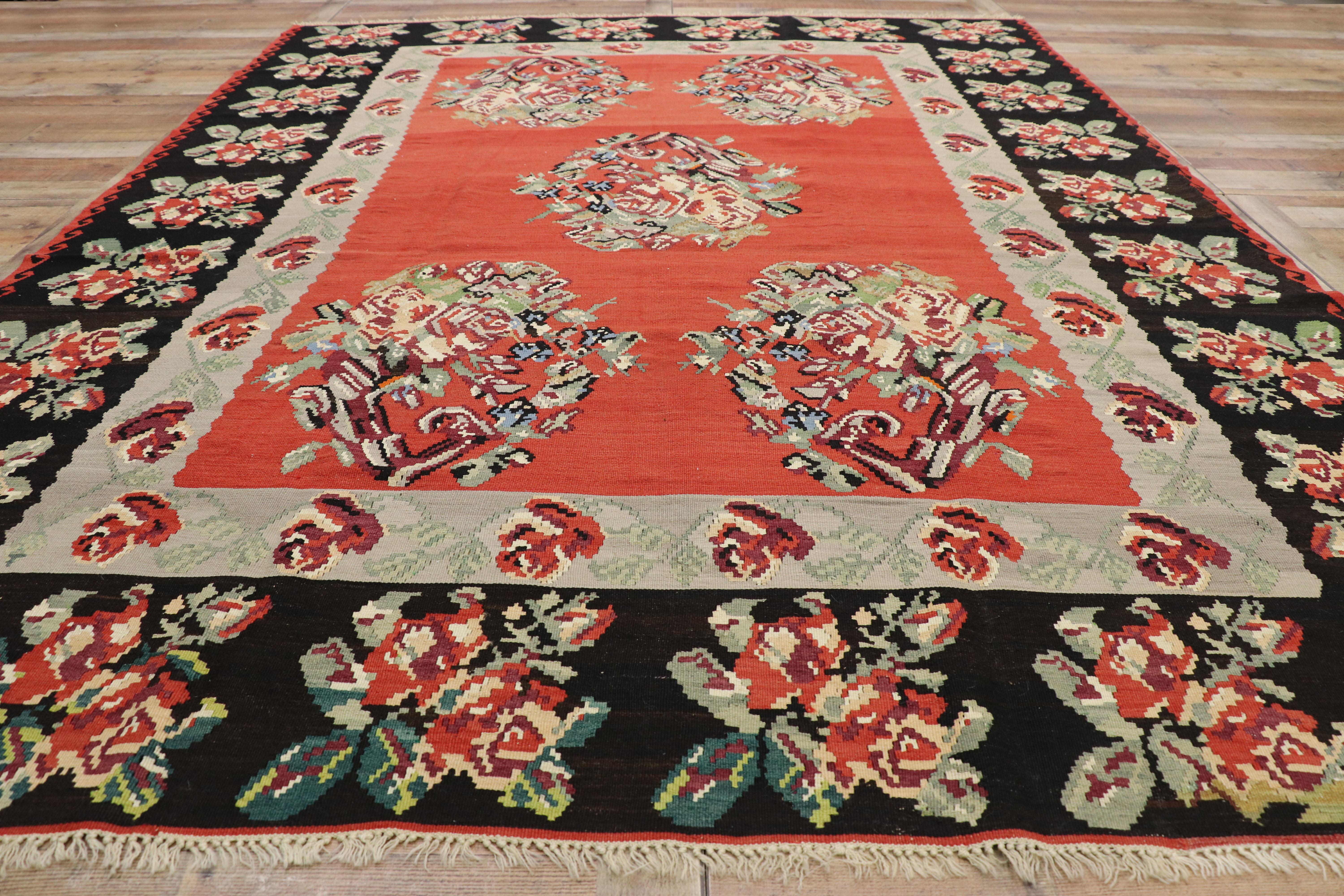 Vintage Floral Turkish Kilim Rug, Flat-Weave Rose Kilim Rug 1