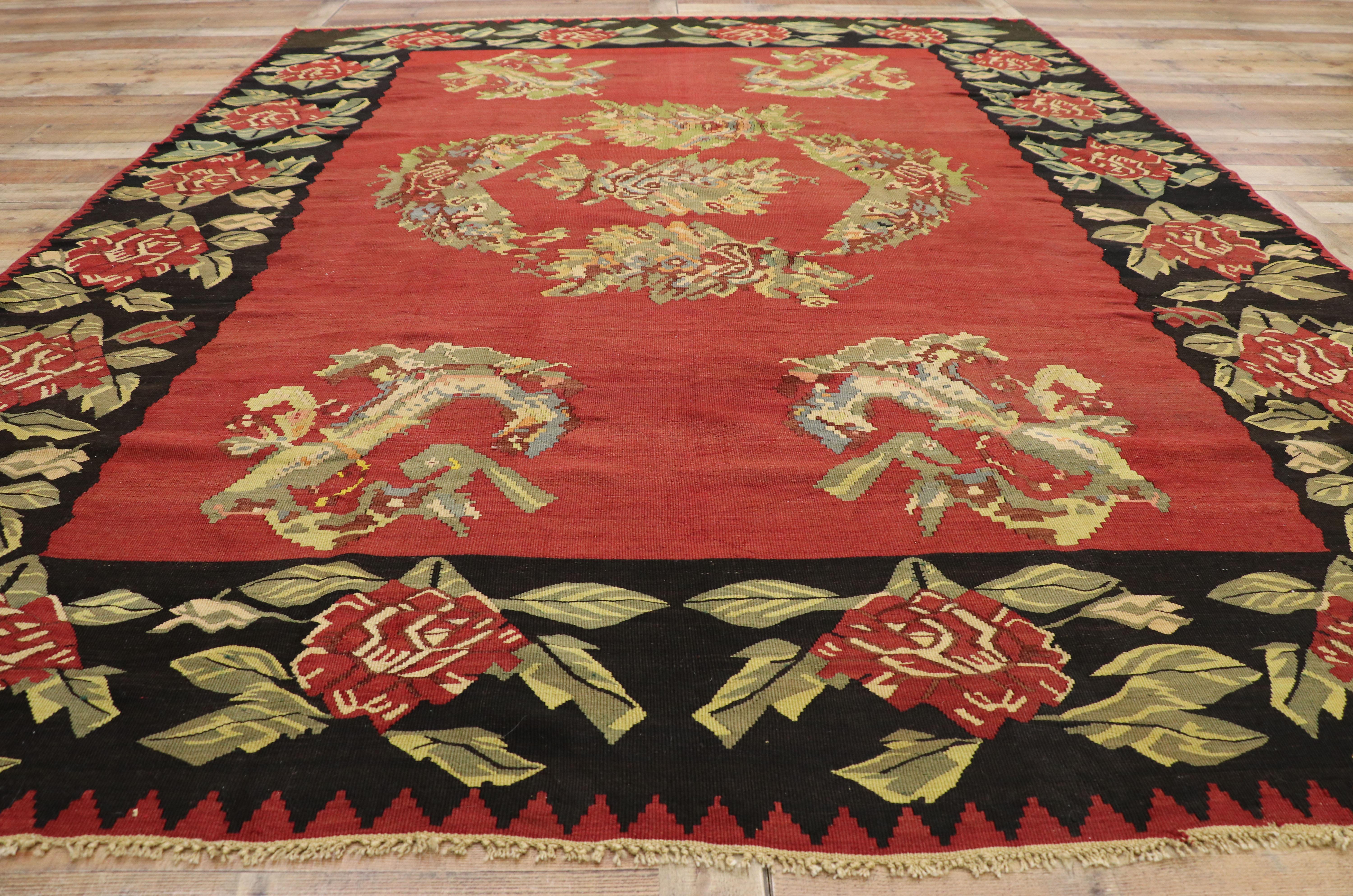 Wool Vintage Floral Turkish Kilim Rug with Chintz Style and Bessarabian Rose Design For Sale