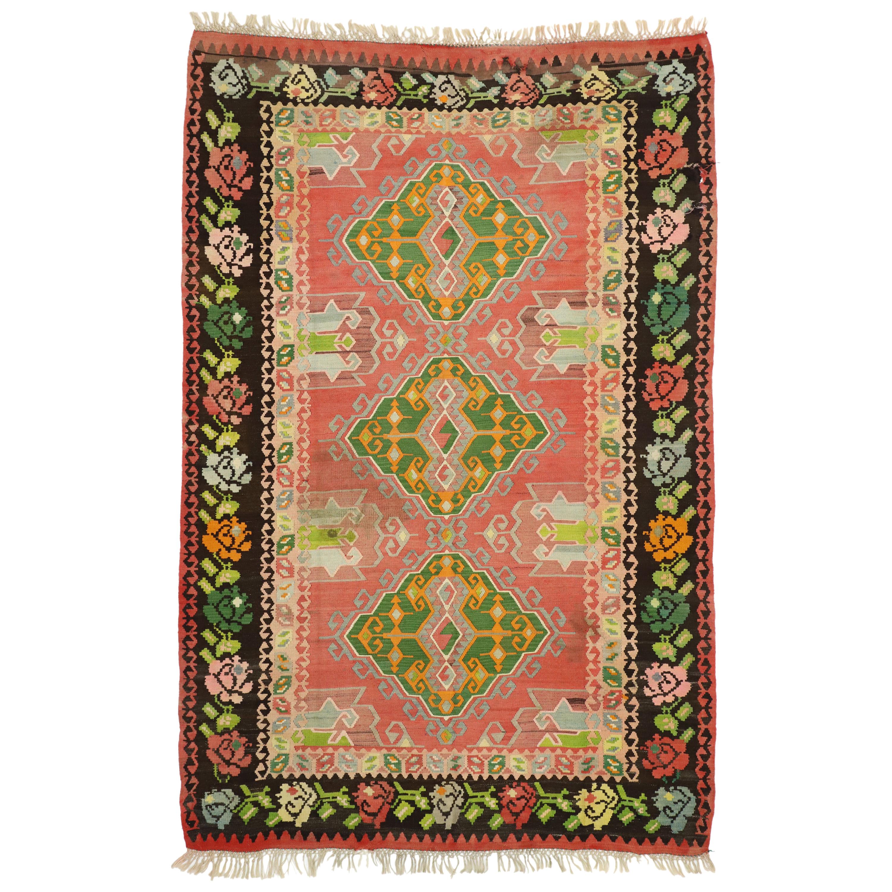 Vintage Floral Turkish Kilim Rug, Flat-Weave Rose Kilim Rug