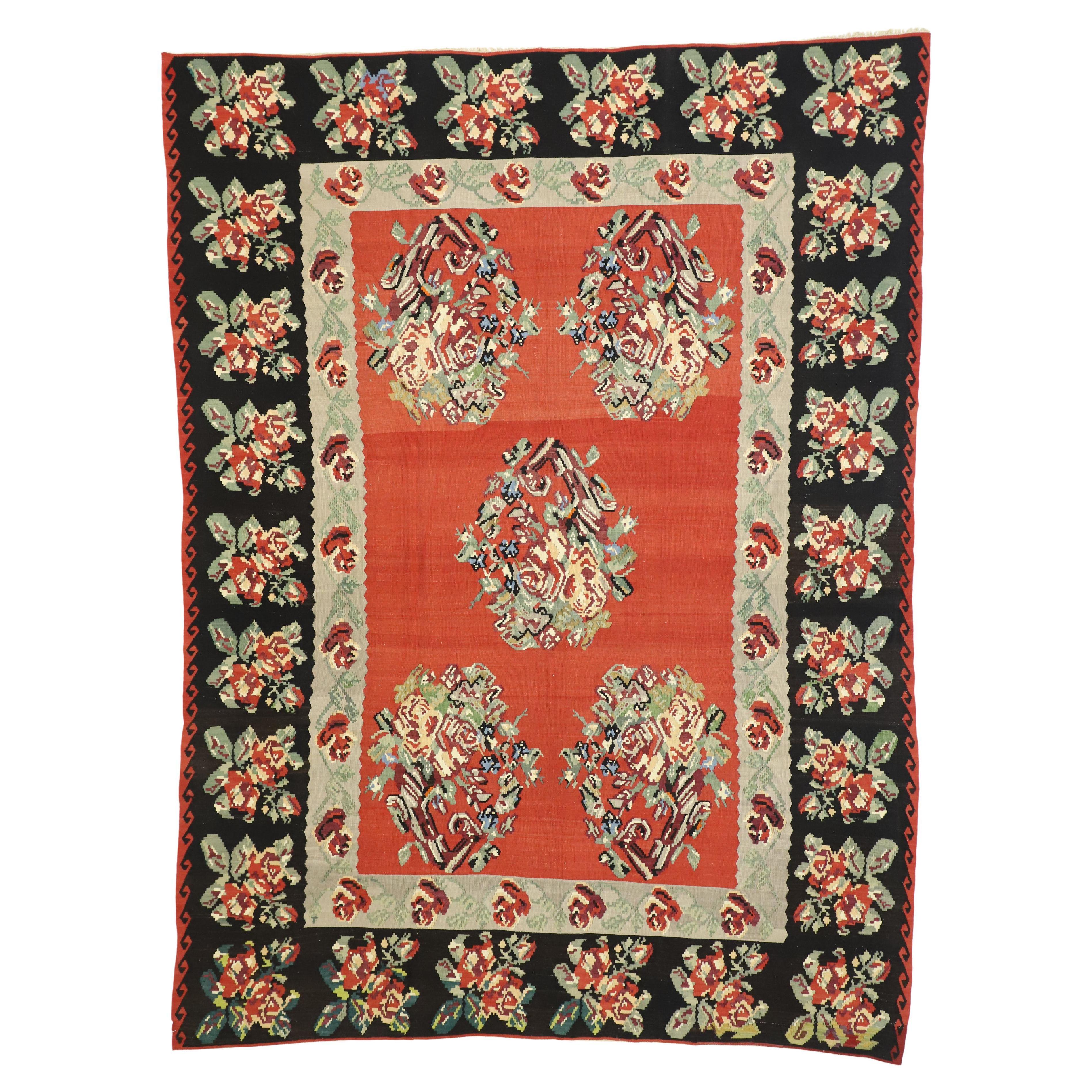 Vintage Floral Turkish Kilim Rug, Flat-Weave Rose Kilim Rug