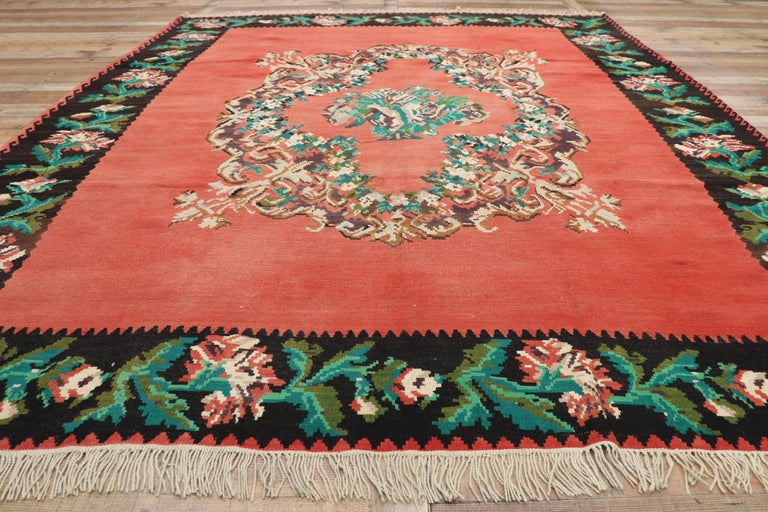 Vintage Floral Turkish Kilim Rug with Chintz Style and Bessarabian Rose