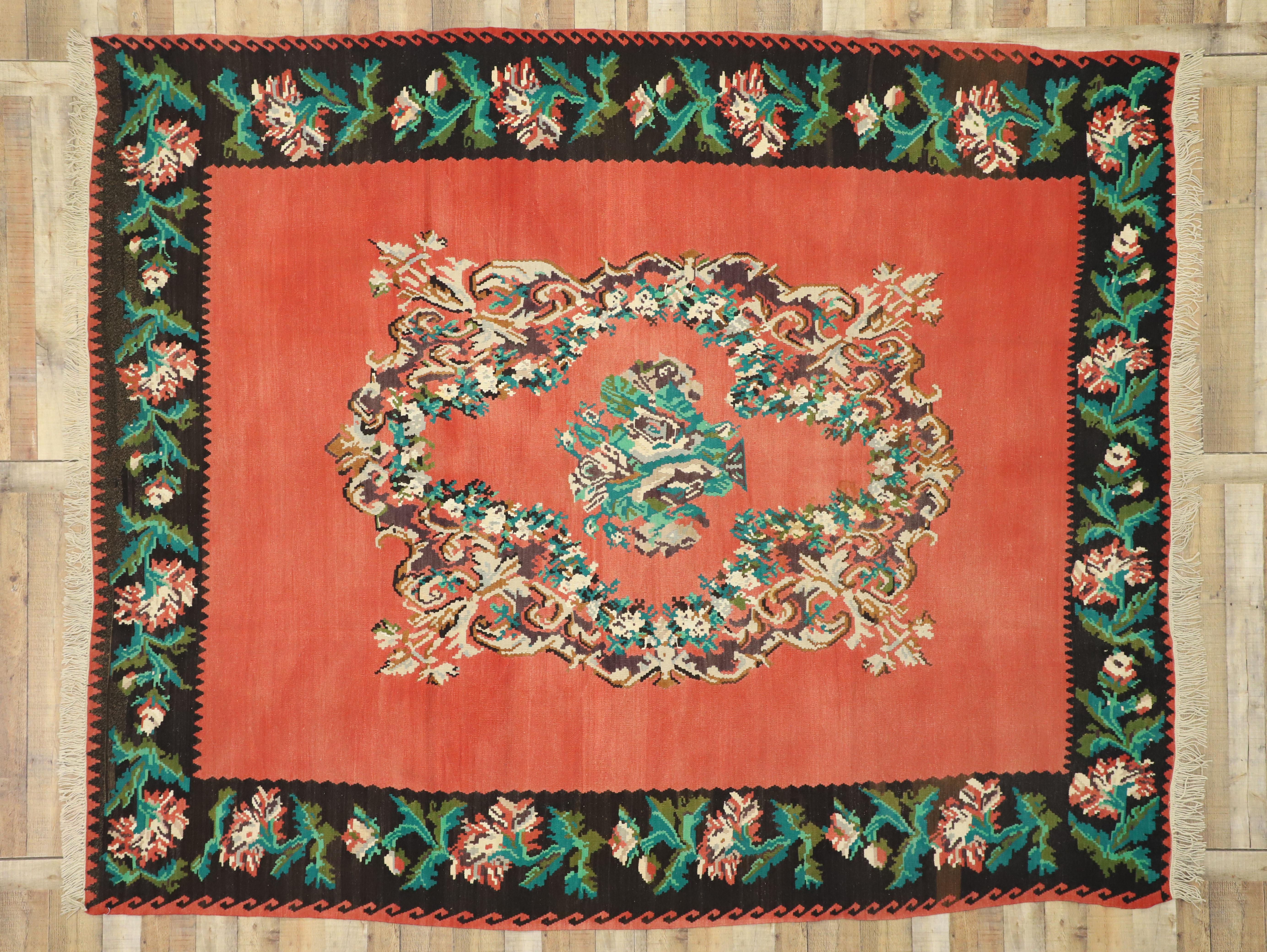 20th Century Vintage Floral Turkish Kilim Rug For Sale