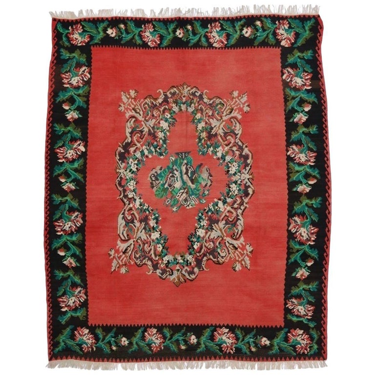 Vintage Floral Turkish Kilim Rug For Sale at 1stdibs