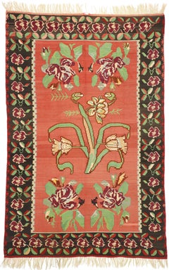 Vintage Floral Turkish Kilim Rug with Chintz Style and Bessarabian Rose Design