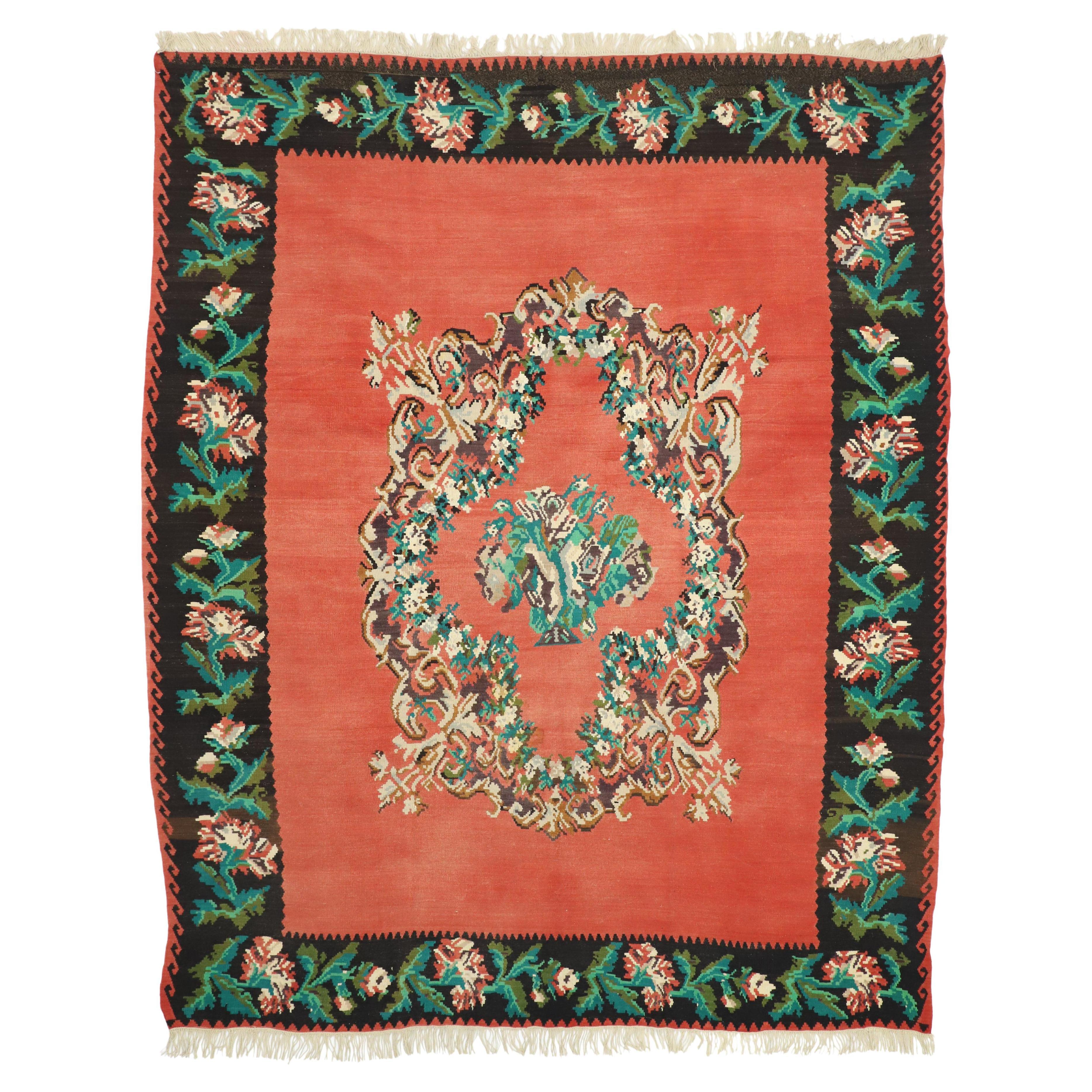 Vintage Floral Turkish Kilim Rug For Sale