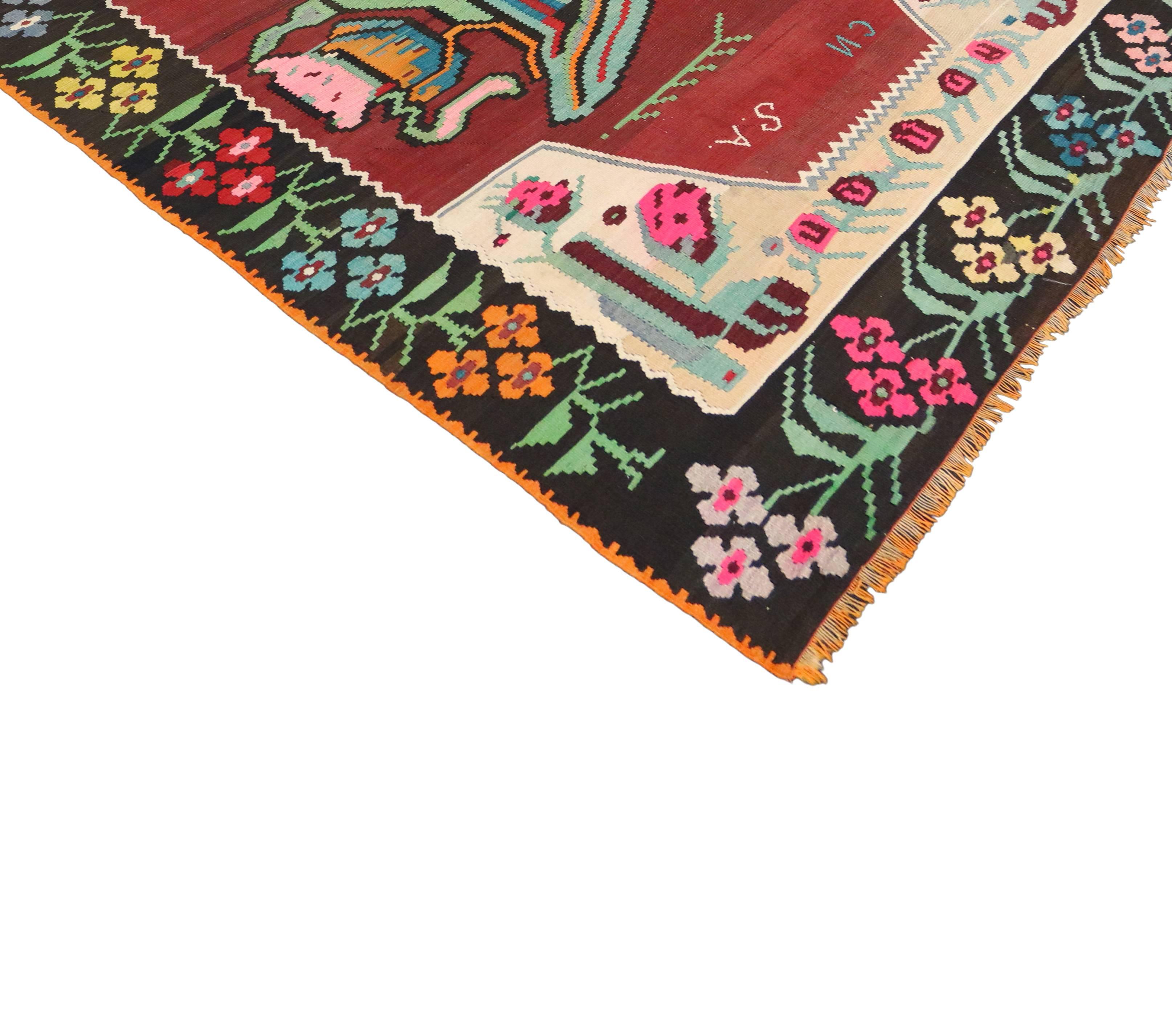 Hand-Woven Vintage Floral Turkish Kilim Rug, Flat-Weave Flower Kilim Rug