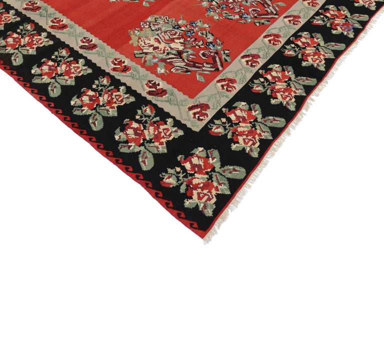 Vintage Floral Turkish Kilim Rug, FlatWeave Rose Kilim Rug For Sale at