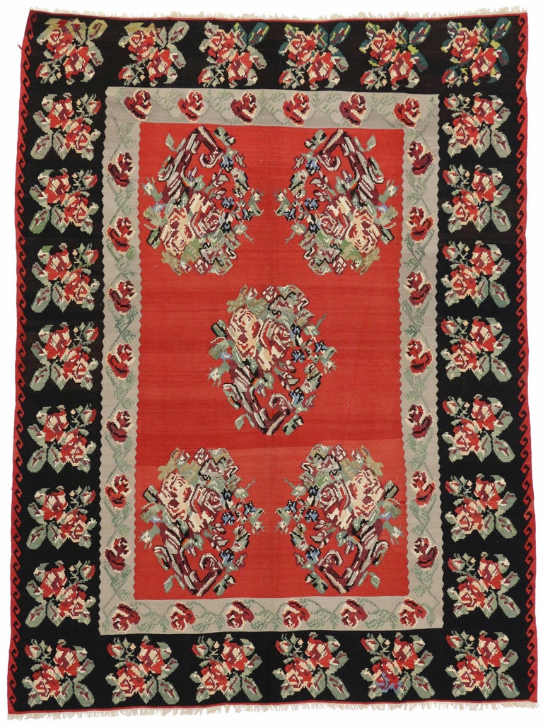 Vintage Floral Turkish Kilim Rug, FlatWeave Rose Kilim Rug For Sale at