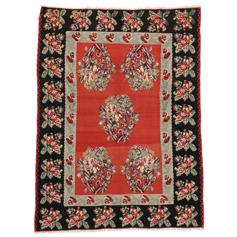 Vintage Floral Turkish Kilim Rug, FlatWeave Rose Kilim Rug For Sale at