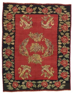 Vintage Floral Turkish Kilim Rug with Chintz Style and Bessarabian Rose Design