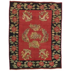 Vintage Floral Turkish Kilim Rug with Chintz Style and Bessarabian Rose Design