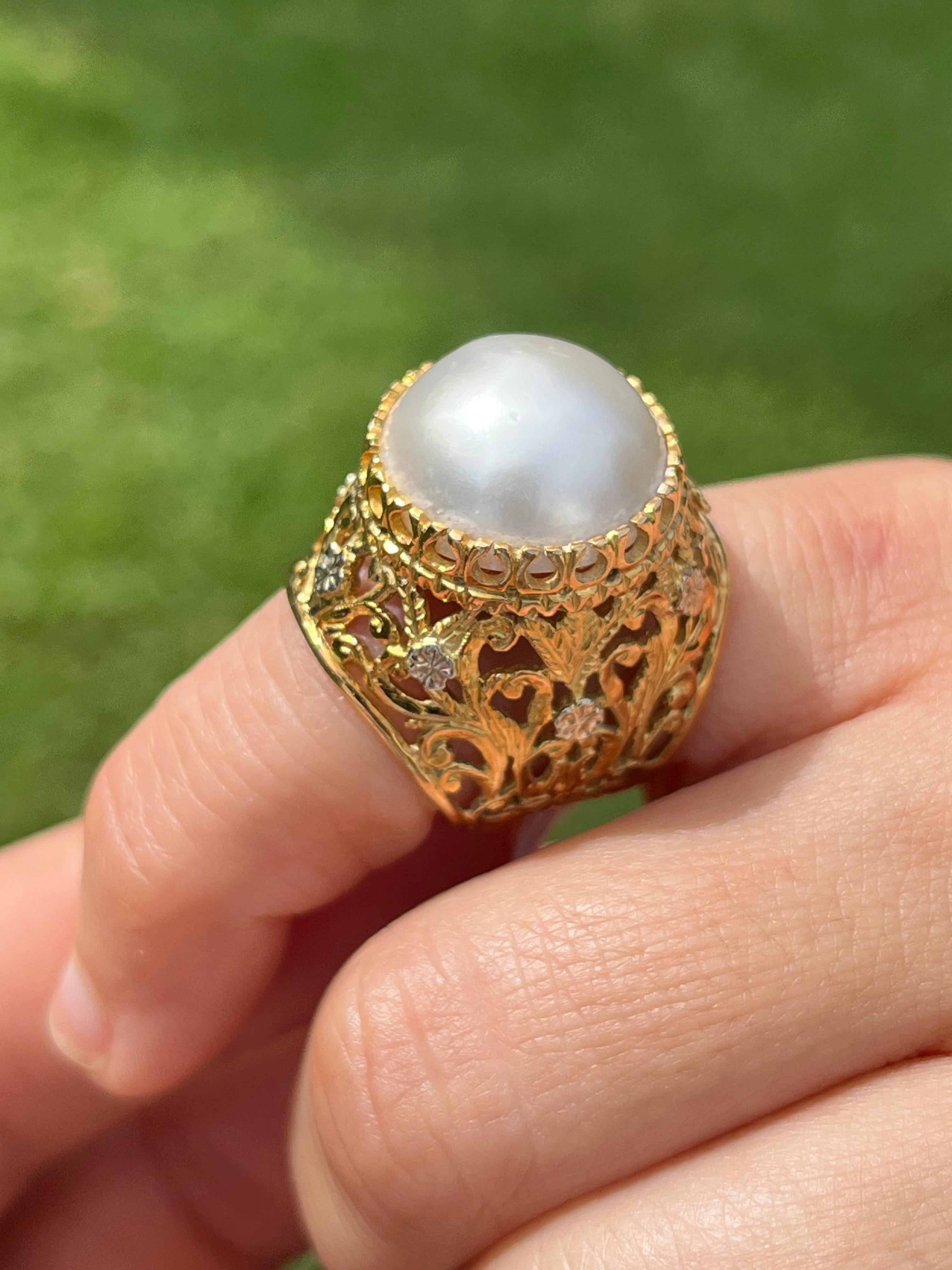 Cabochon Vintage Floral White Pearl Pinky Ring in 18k Yellow Gold Bezel Setting For Sale