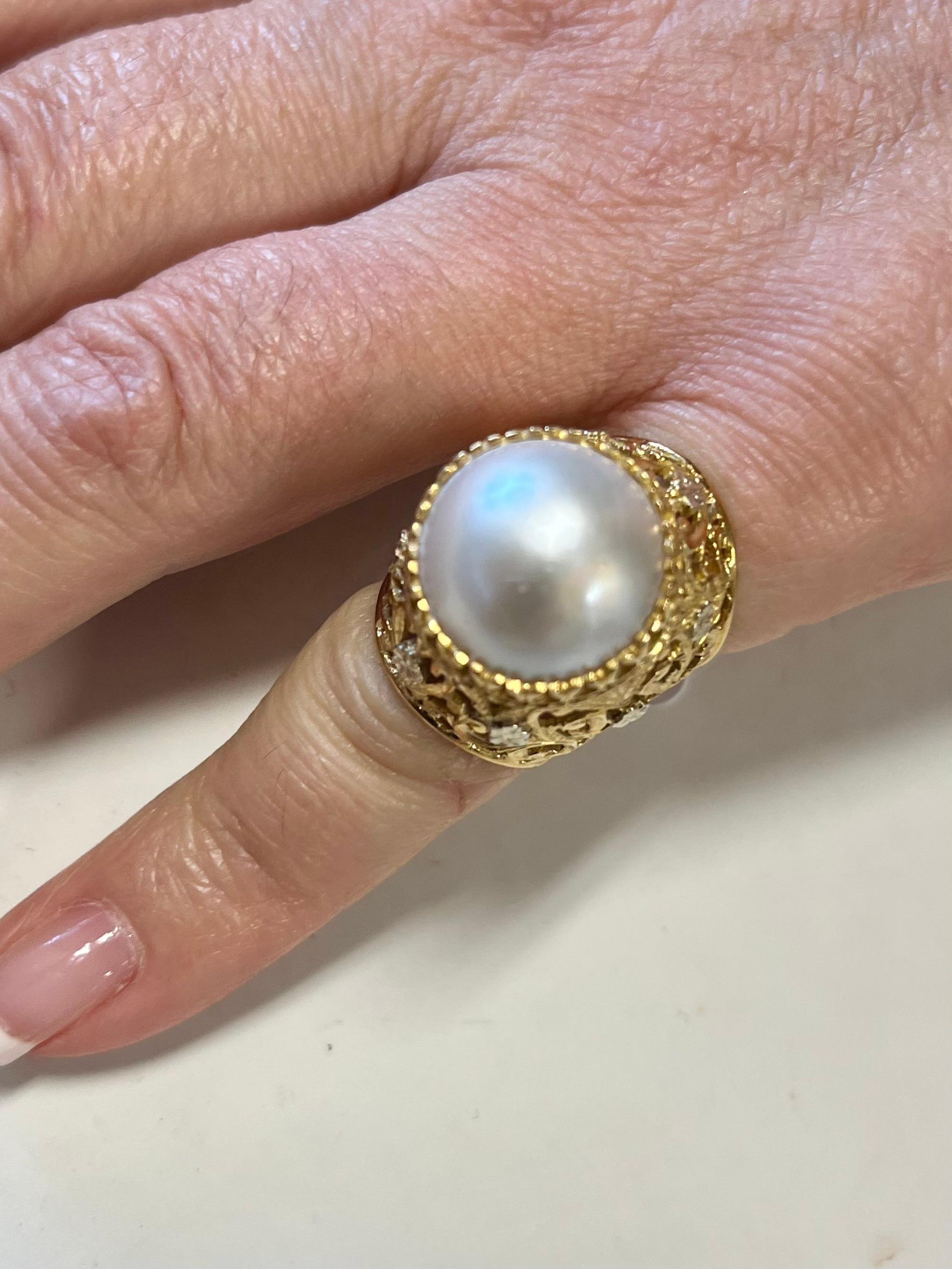 Women's Vintage Floral White Pearl Pinky Ring in 18k Yellow Gold Bezel Setting For Sale