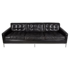 Vintage Florence Knoll 3-Seat Sofa, Black Leather, Chrome Frame, 1970s