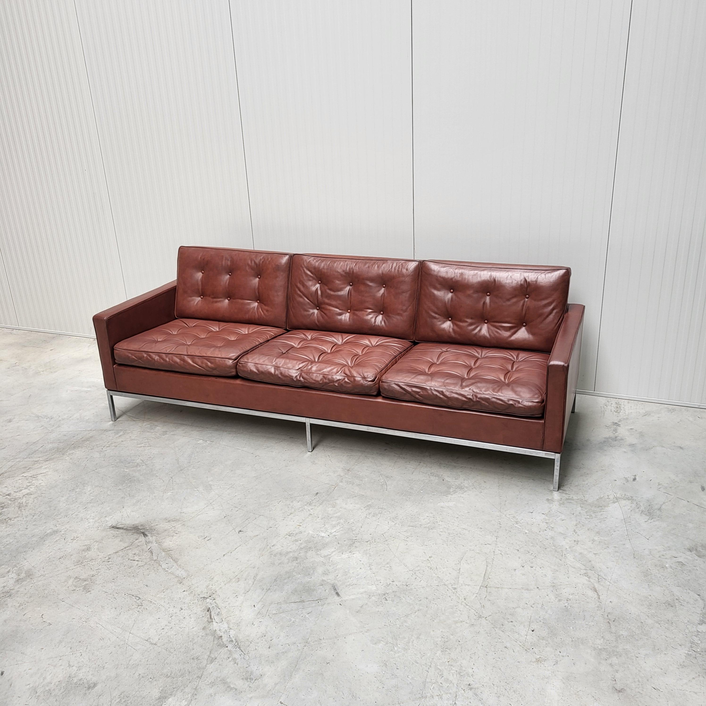 American Vintage Florence Knoll 3 Seater Sofa by Knoll Brown Cognac 1970s