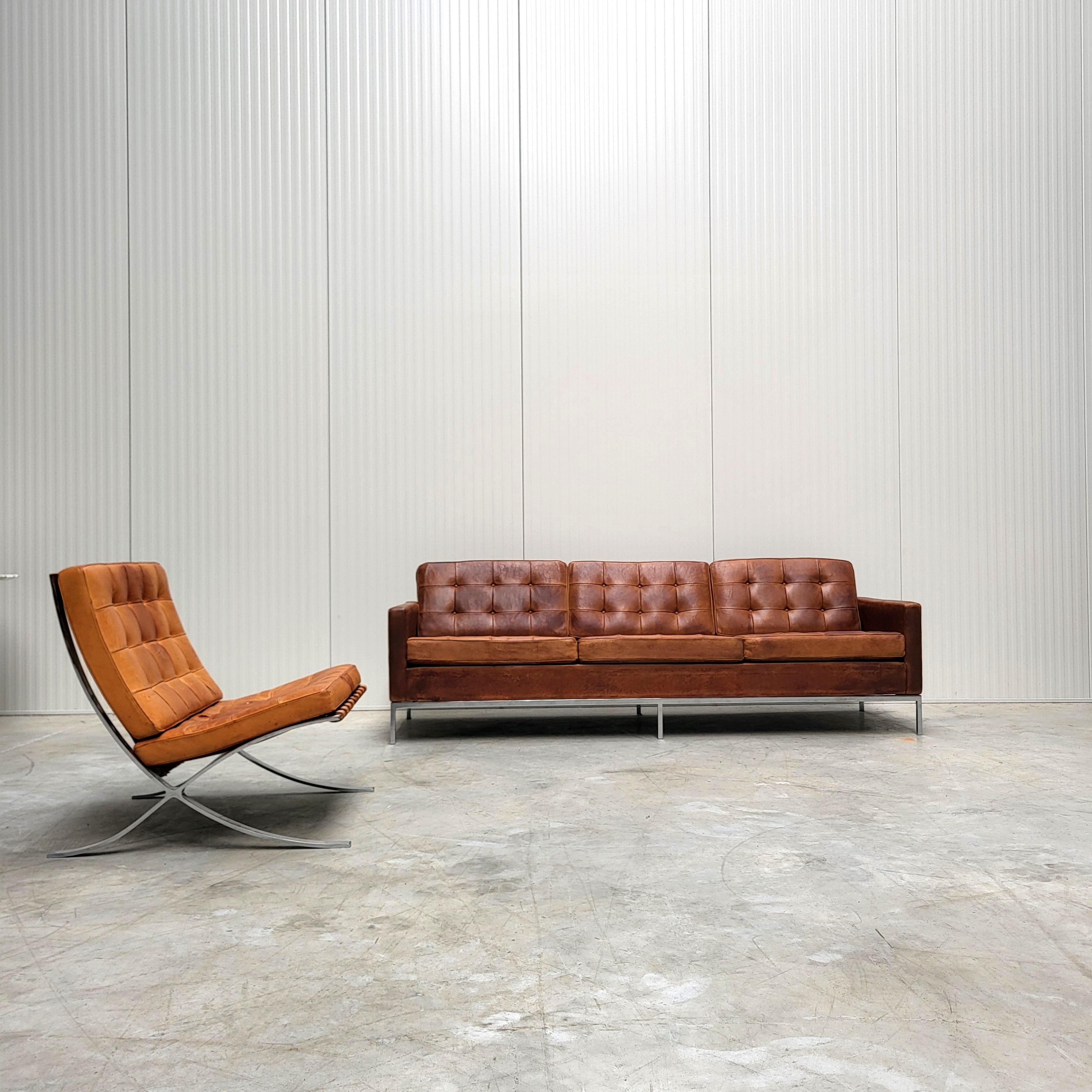 Américain Canapé vintage Florence Knoll 3 Seater par Knoll Brown Cognac 1970 en vente