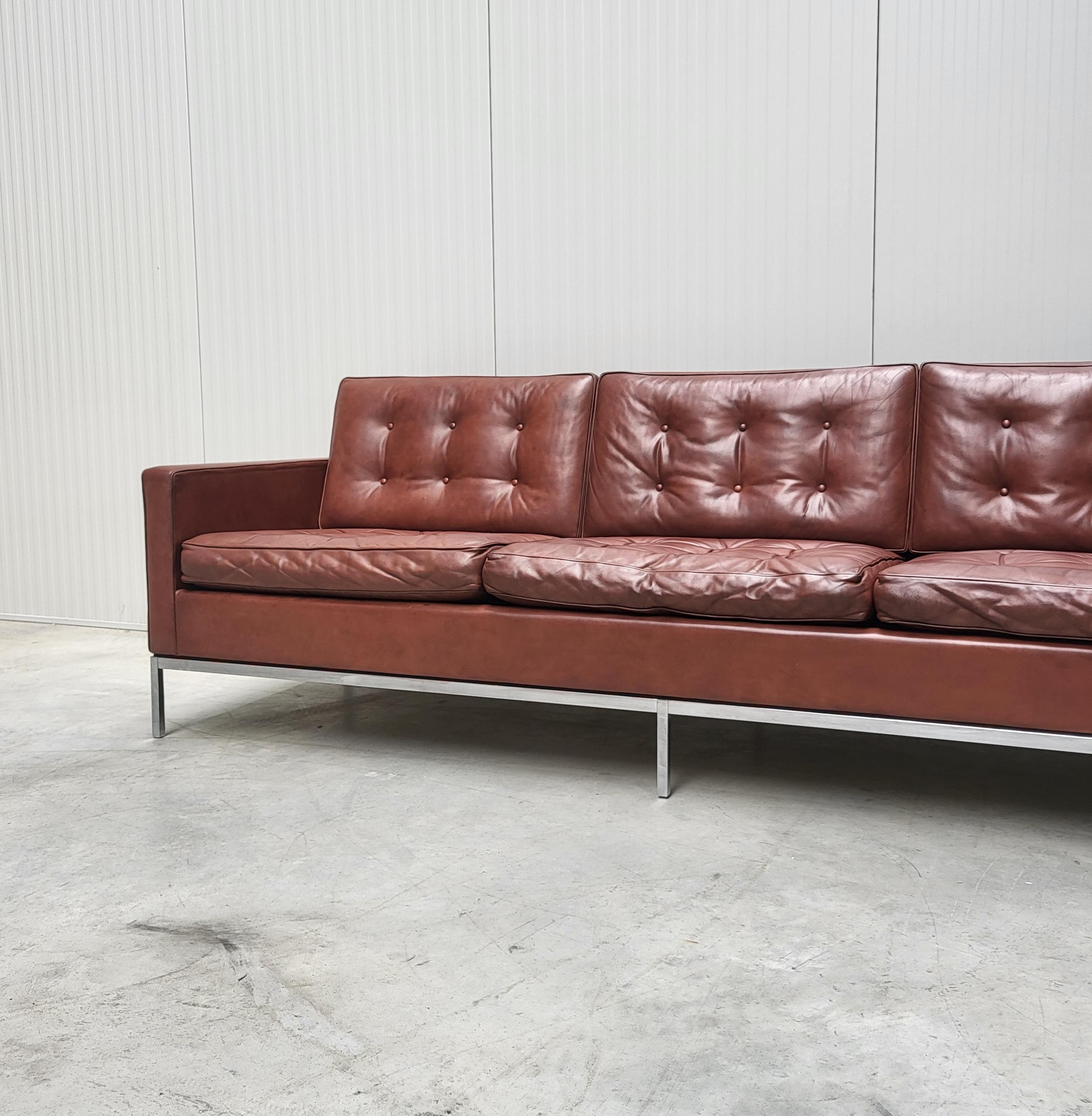 Hand-Crafted Vintage Florence Knoll 3 Seater Sofa by Knoll Brown Cognac 1970s
