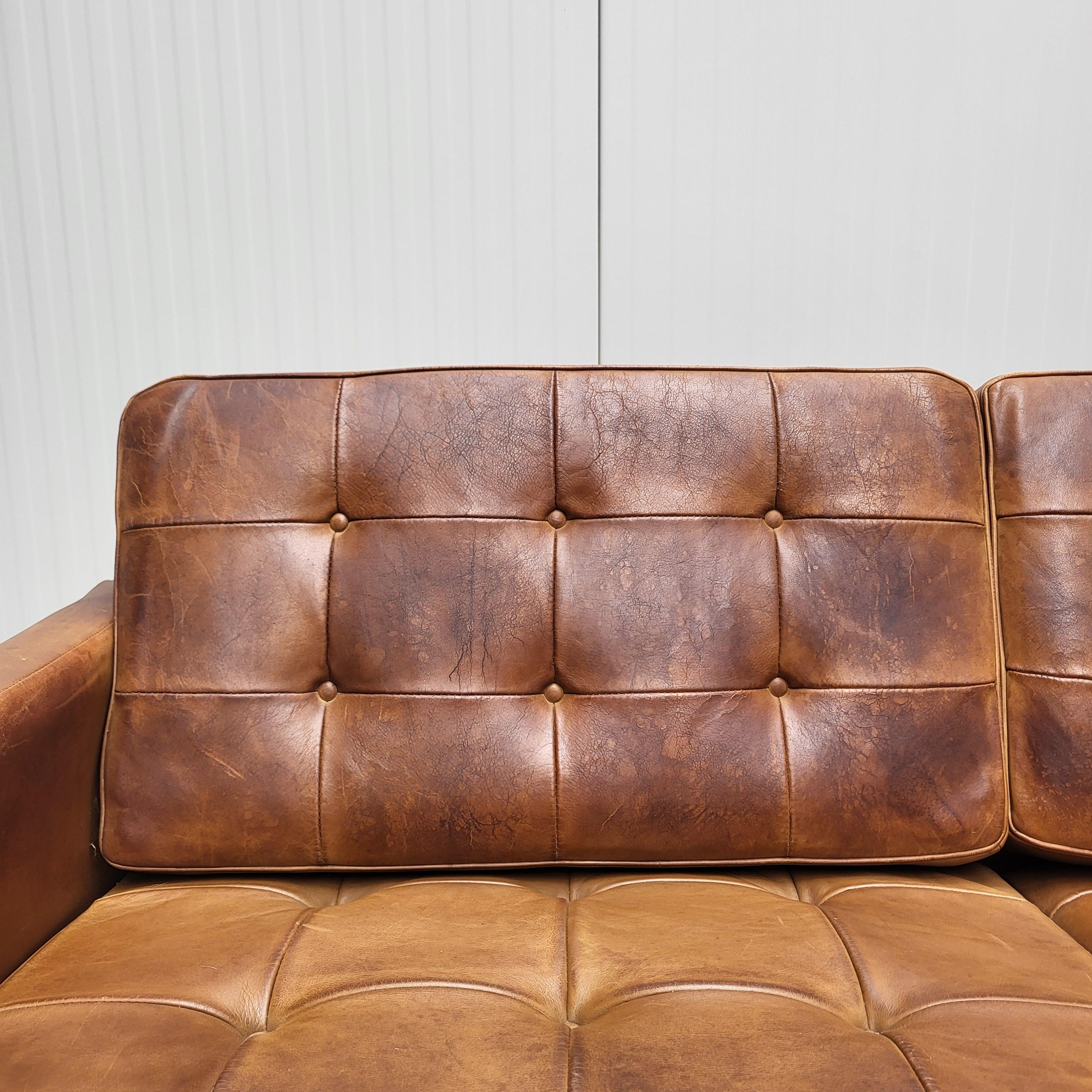 Acier inoxydable Canapé vintage Florence Knoll 3 Seater par Knoll Brown Cognac 1970 en vente