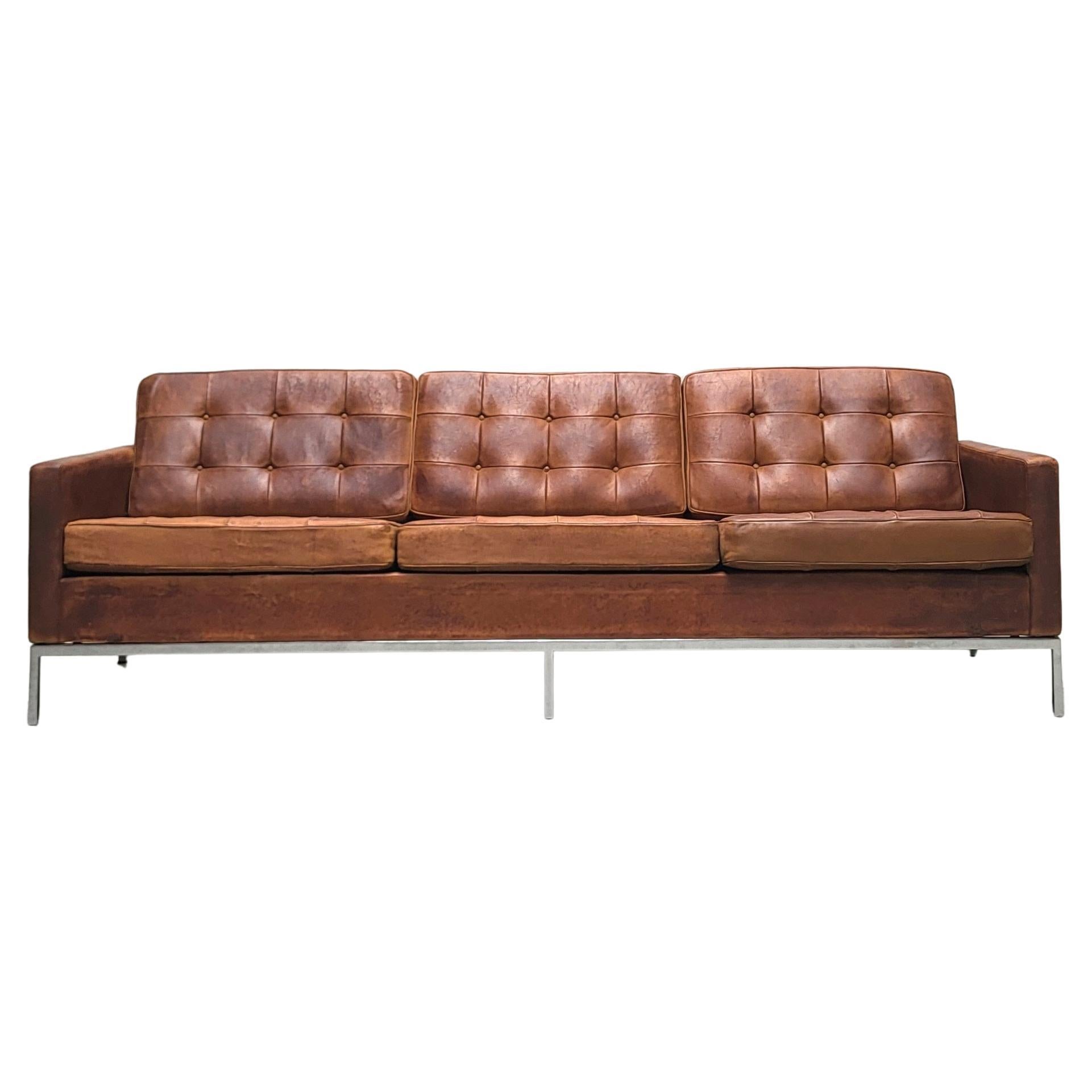 Canapé vintage Florence Knoll 3 Seater par Knoll Brown Cognac 1970 en vente