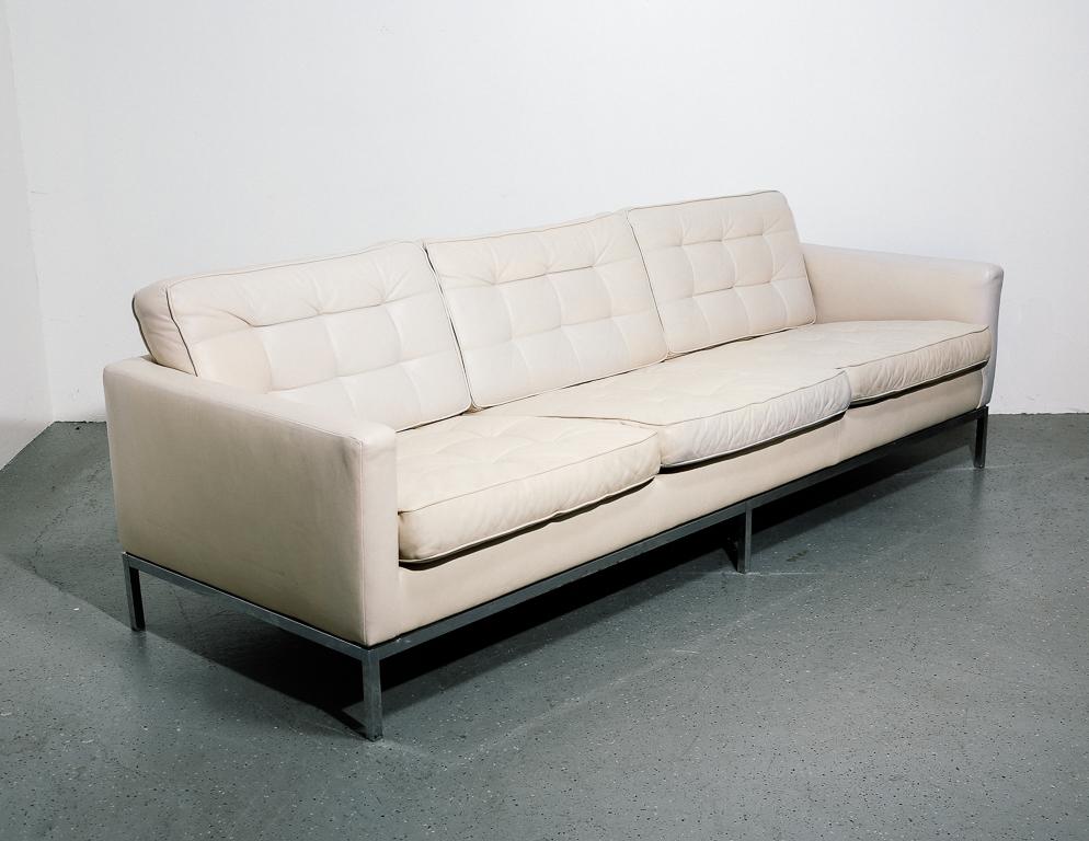 Vintage three seater sofa by Florence Knoll of Knoll, 1960s. White ivory leather upholstery over minimal chrome base.