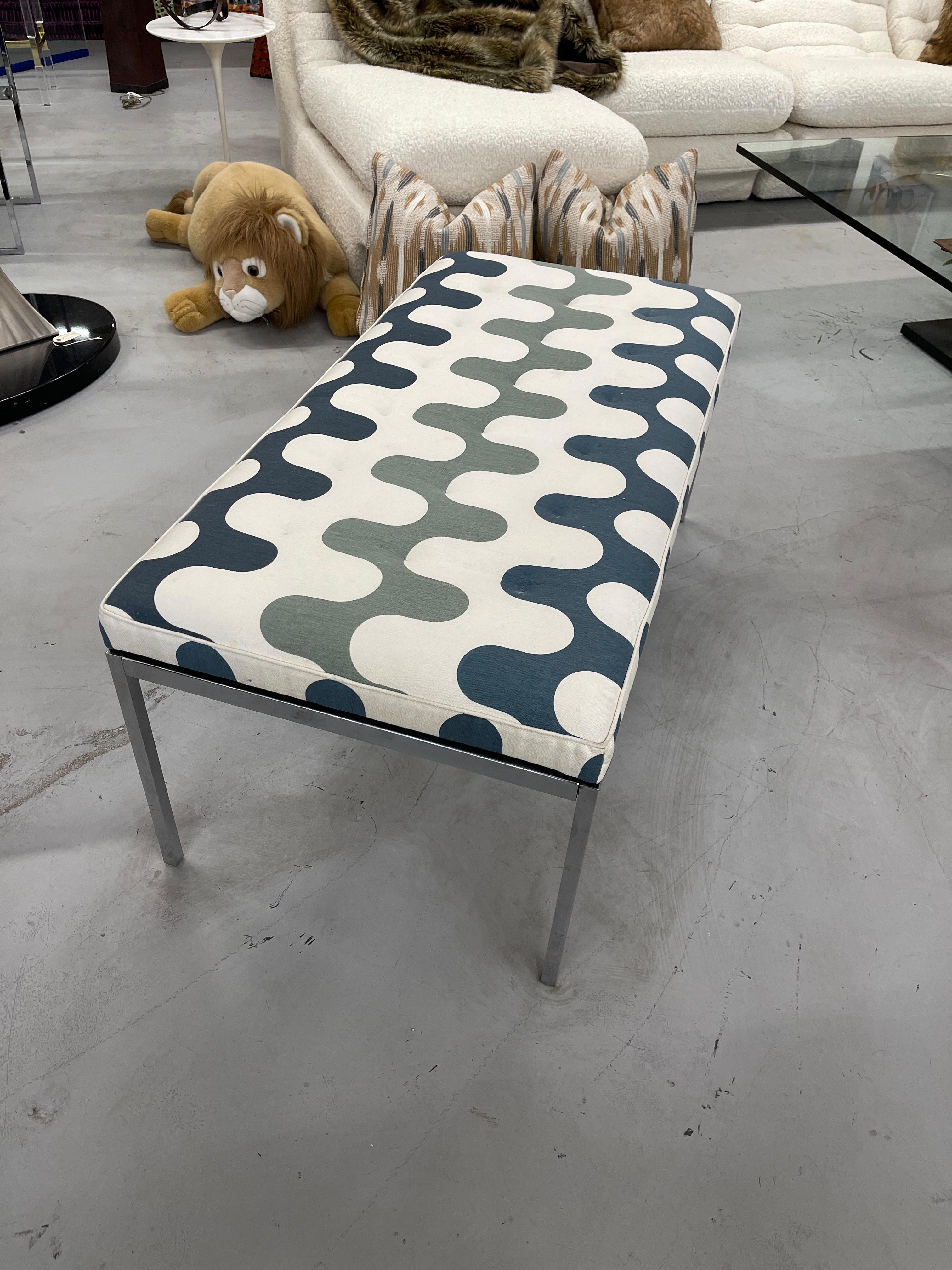 A vintage Florence Knoll bench purchased out of a local Palm Springs estate. It had been nicely reupholstered and we liked the fabric and left it. The bench is in good age appropriate condition, please see the detailed photos. Minor marks to the