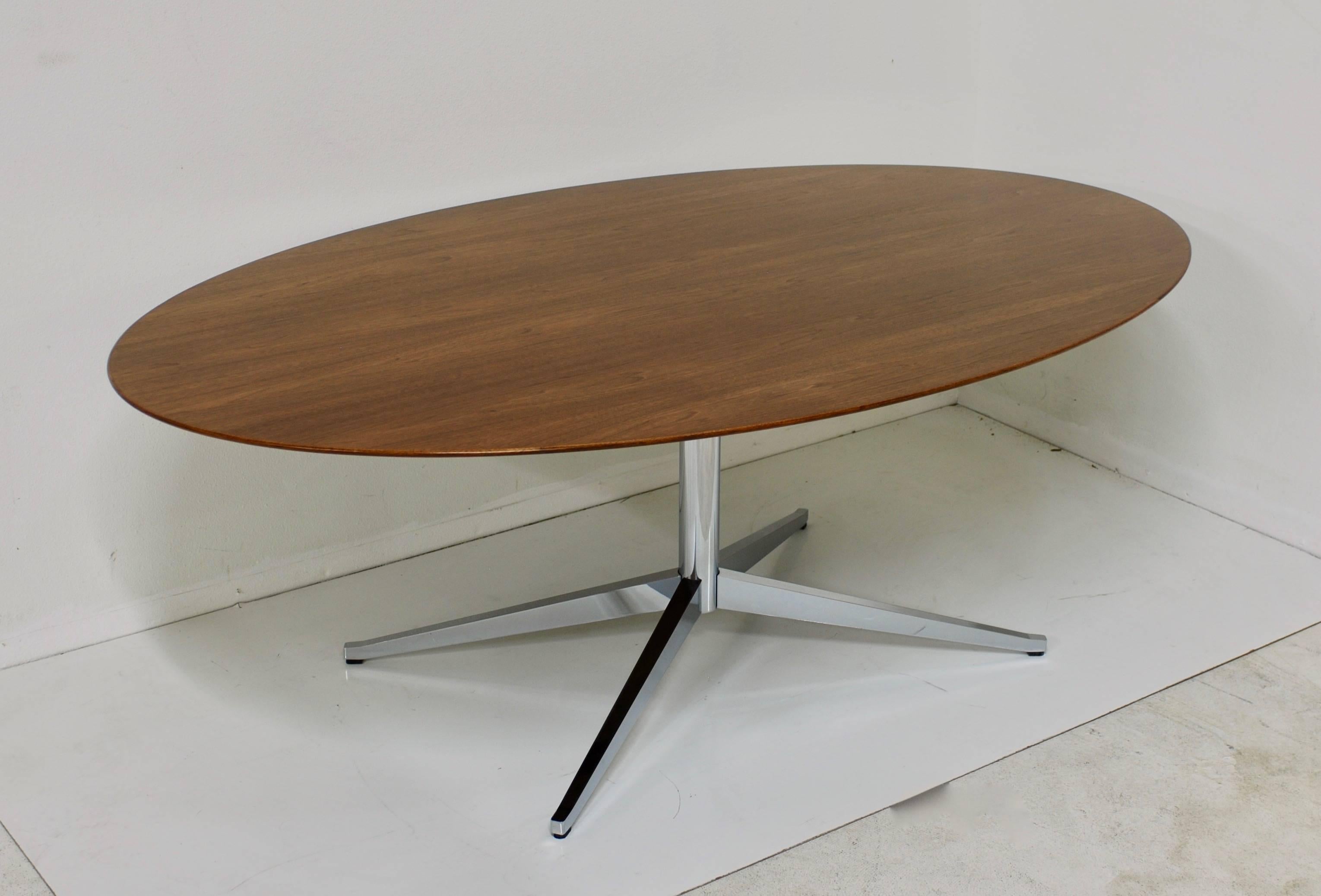Vintage Florence Knoll Oval Table Desk or Dining in Walnut Polished Steel X Base 8