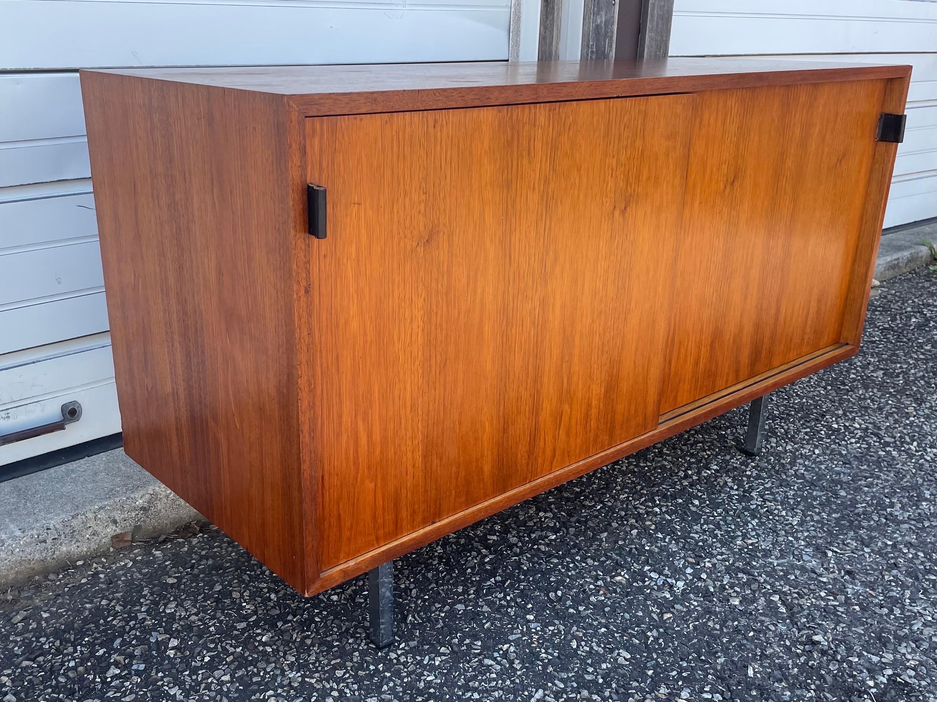 Mid-Century Modern Vintage Florence Knoll Petite Walnut Leather Pull Cabinet For Sale