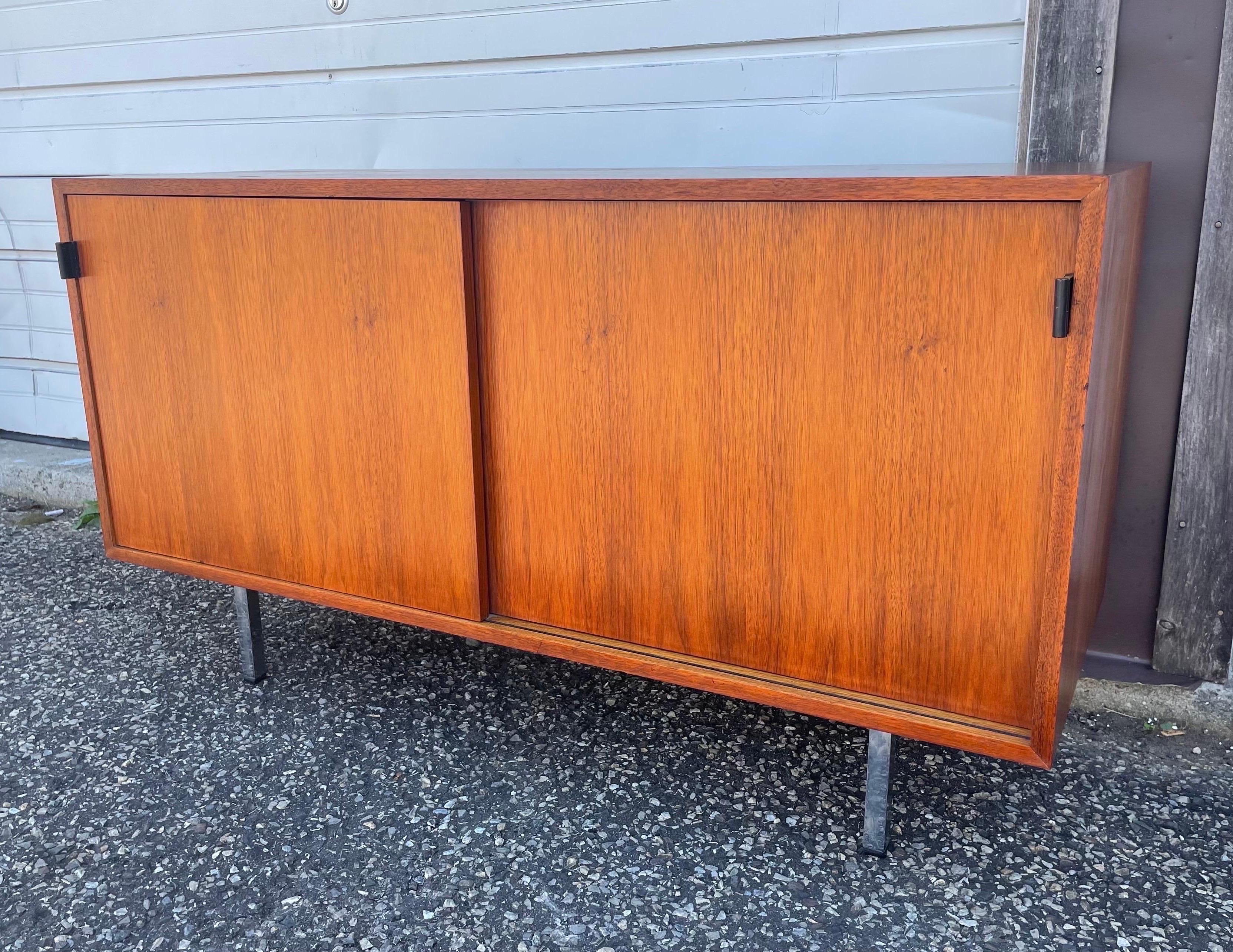 American Vintage Florence Knoll Petite Walnut Leather Pull Cabinet For Sale