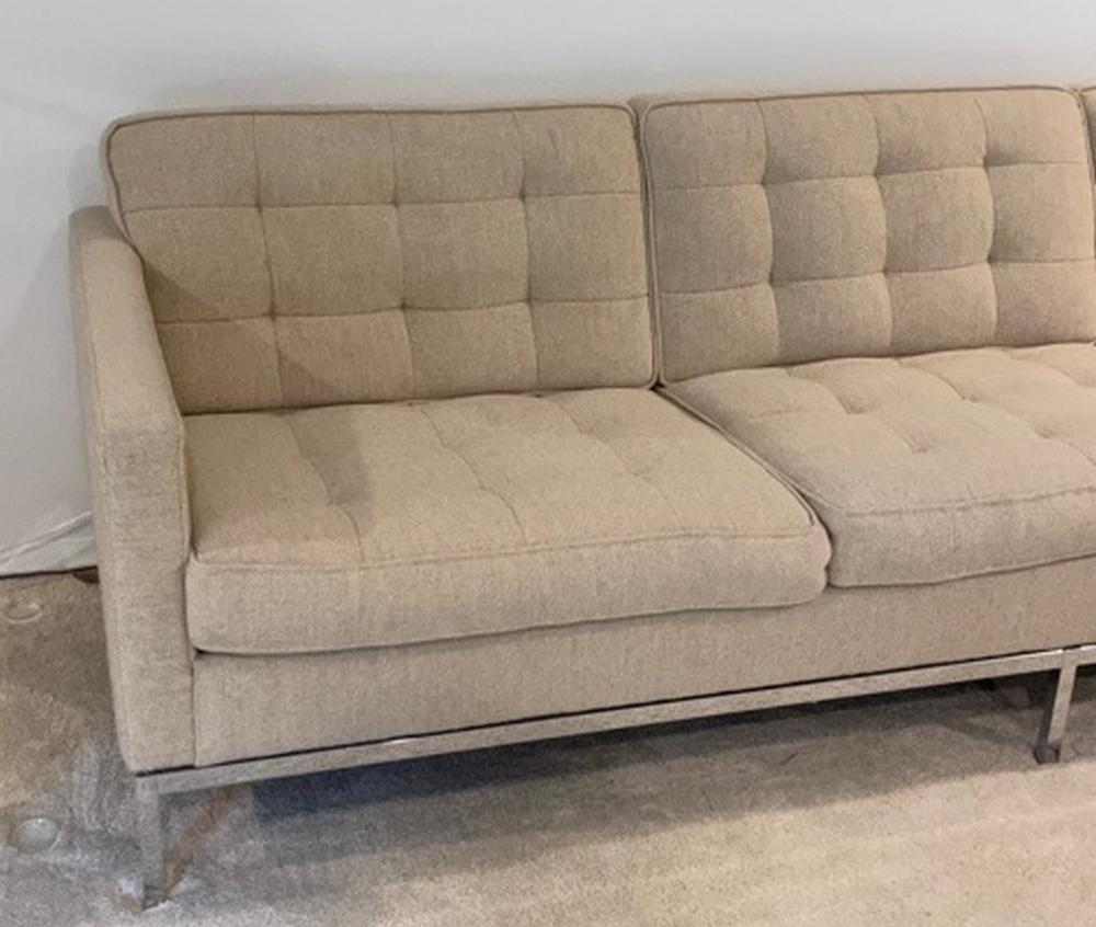 Vintage Florence Knoll for Knoll International sofa with chrome legs. Three tufted seat and back cushions. Very nice to excellent condition. Dimensions: 34