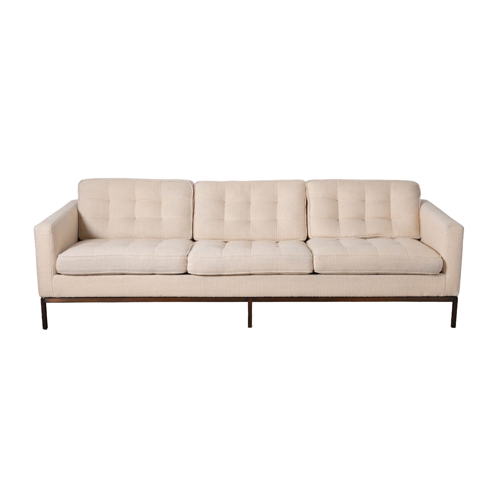 Sofá Florence Knoll vintage de lana original tejida en color marfil con base de bronce Años 60