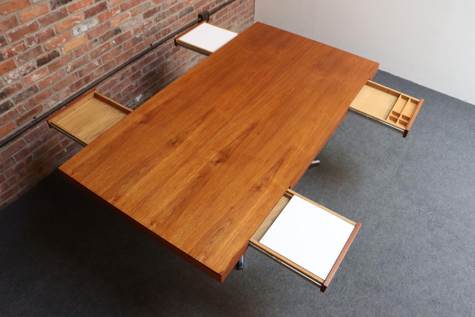 American Vintage Florence Knoll Teak and Chromed-Steel Partner's Desk / Executive Desk For Sale