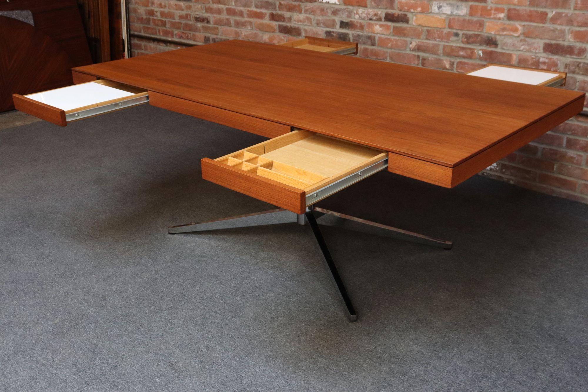 Vintage Florence Knoll Teak and Chromed-Steel Partner's Desk / Executive Desk In Good Condition For Sale In Brooklyn, NY