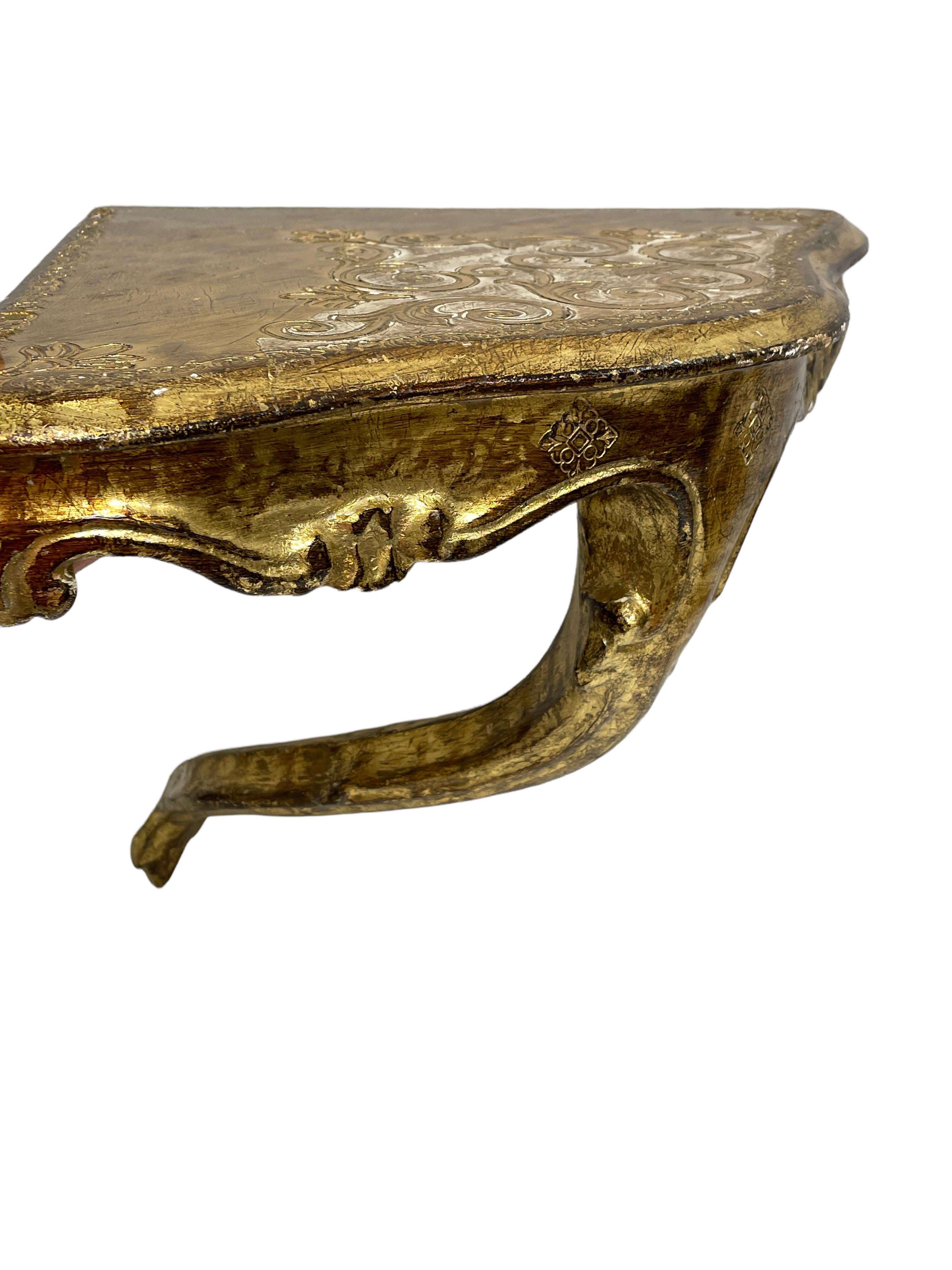 Hollywood Regency Vintage Florence Wall Corner Shelf Console, Gilded Carved Wood, Florentine Style For Sale