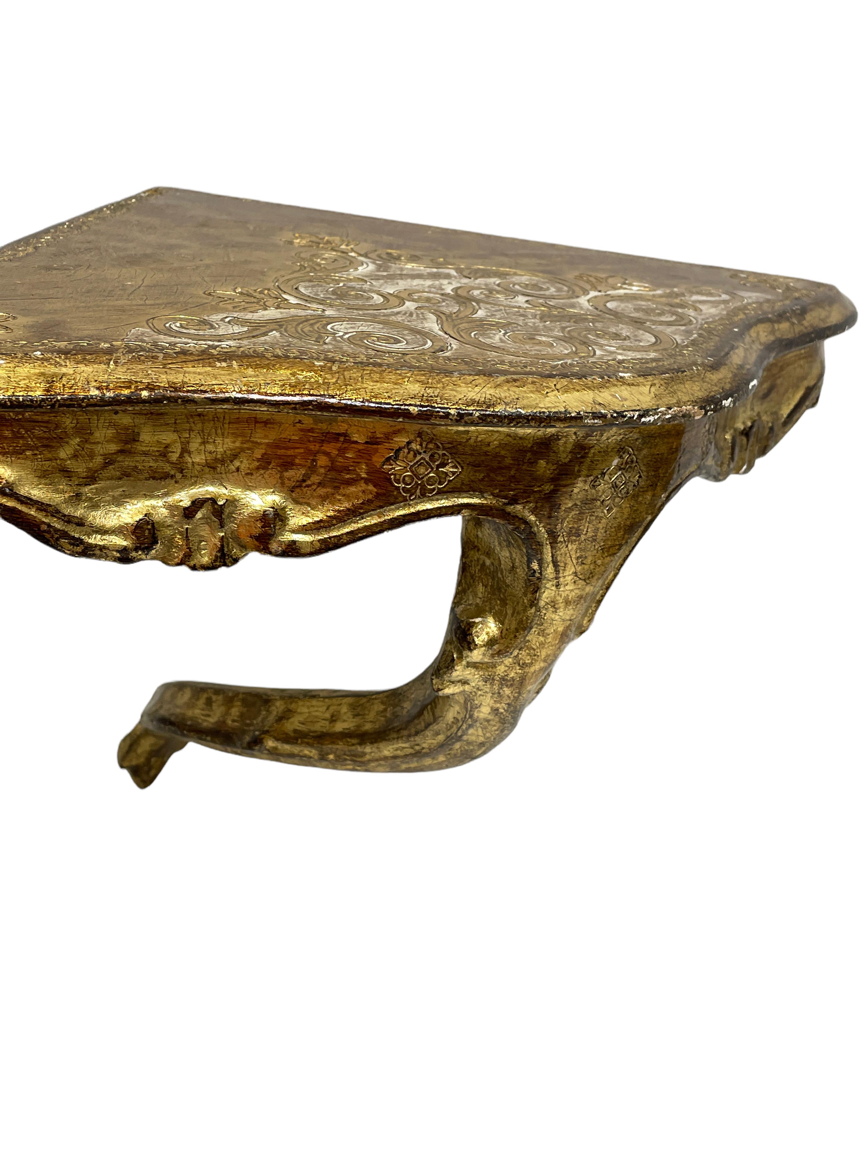 Italian Vintage Florence Wall Corner Shelf Console, Gilded Carved Wood, Florentine Style For Sale